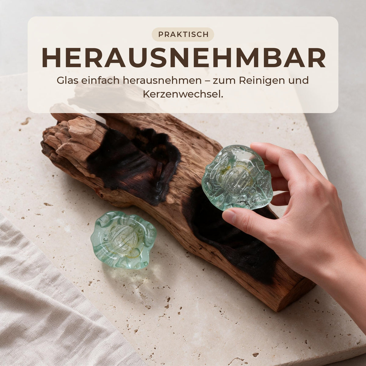 Herausnehmbar: Hand hebt eine Glasmulde aus dem Wurzelholz