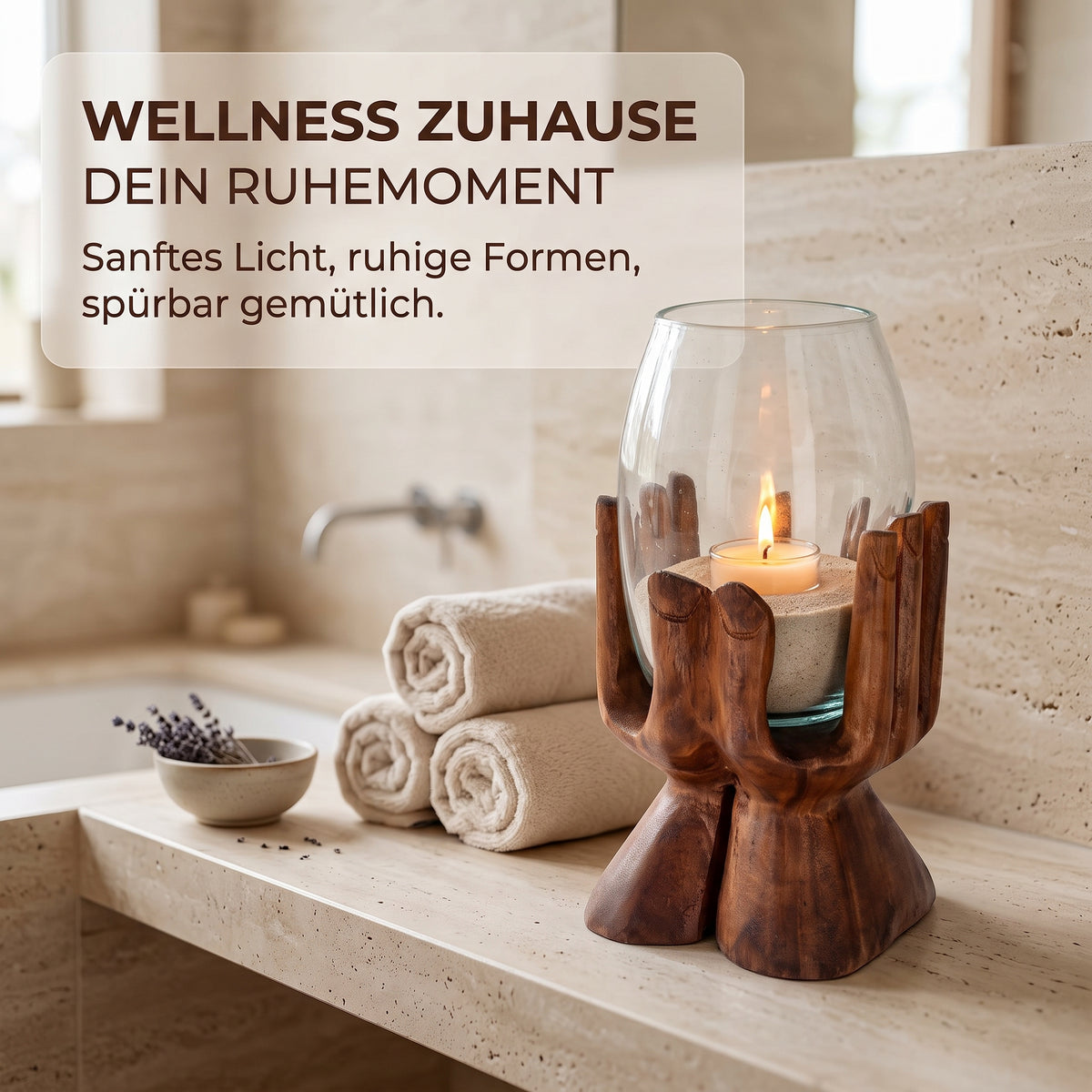 Teelichthalter Holz mit brennender Kerze im Bad neben gerollten Handtüchern, Holzhand mit Glas als Windlicht für ruhige Momente.