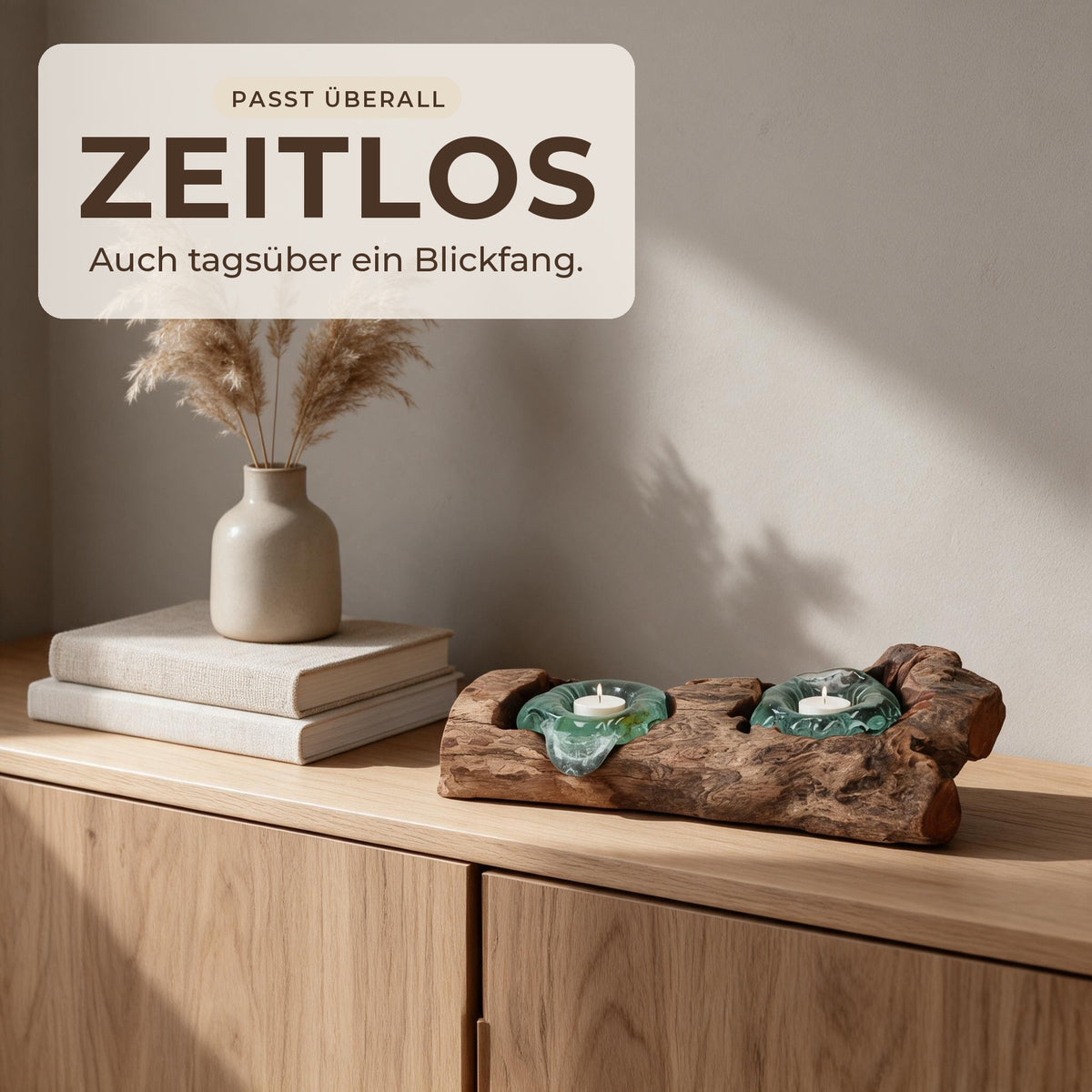 Zeitlos: Teelichthalter aus Wurzelholz auf dem Sideboard