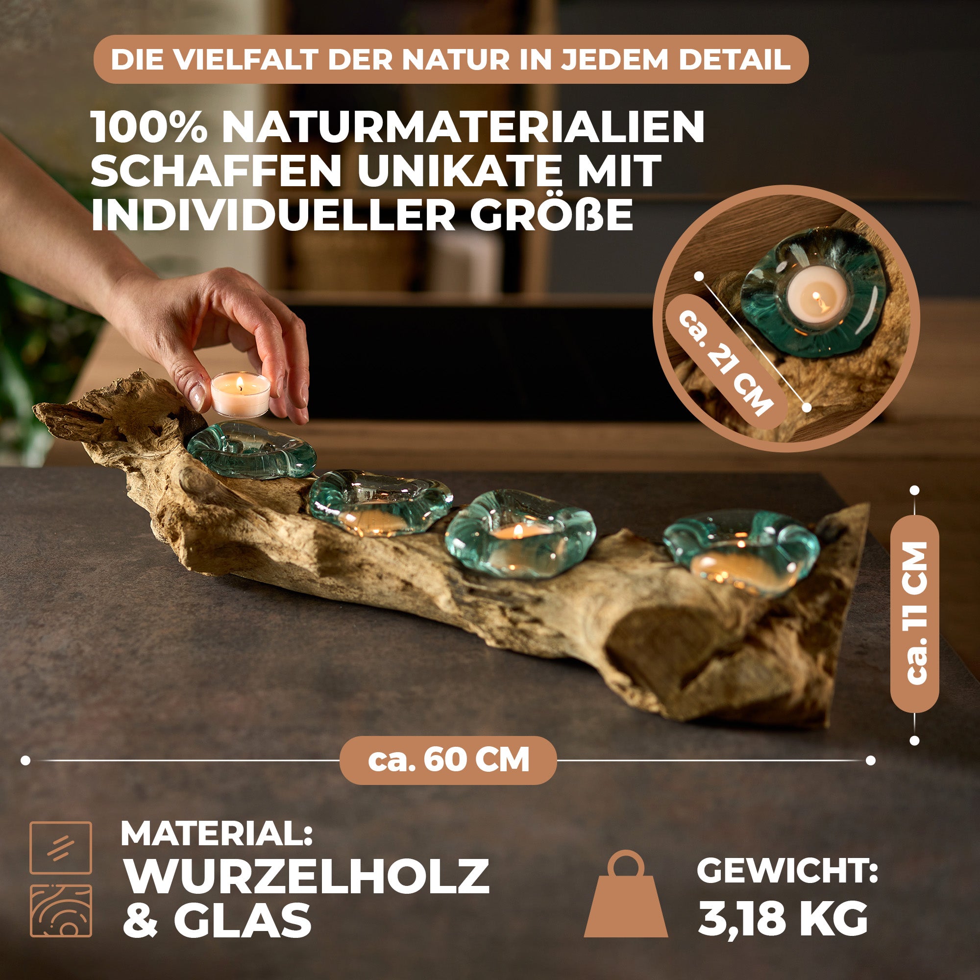 Handgefertigte Teelichter aus Glas und Wurzelholz - 4 Teelichter