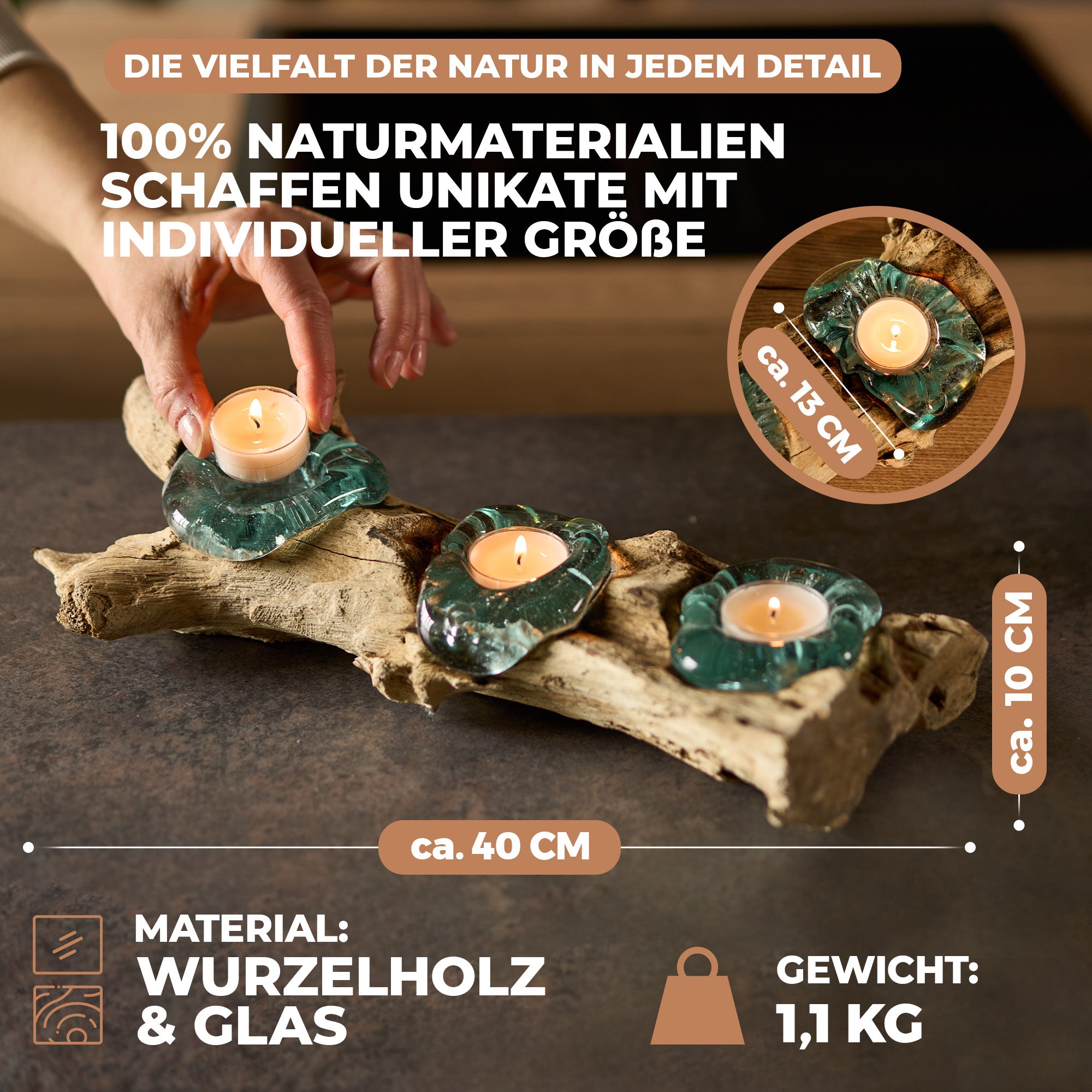 Handgefertigte Teelichter aus Glas und Wurzelholz - 3 Teelichter