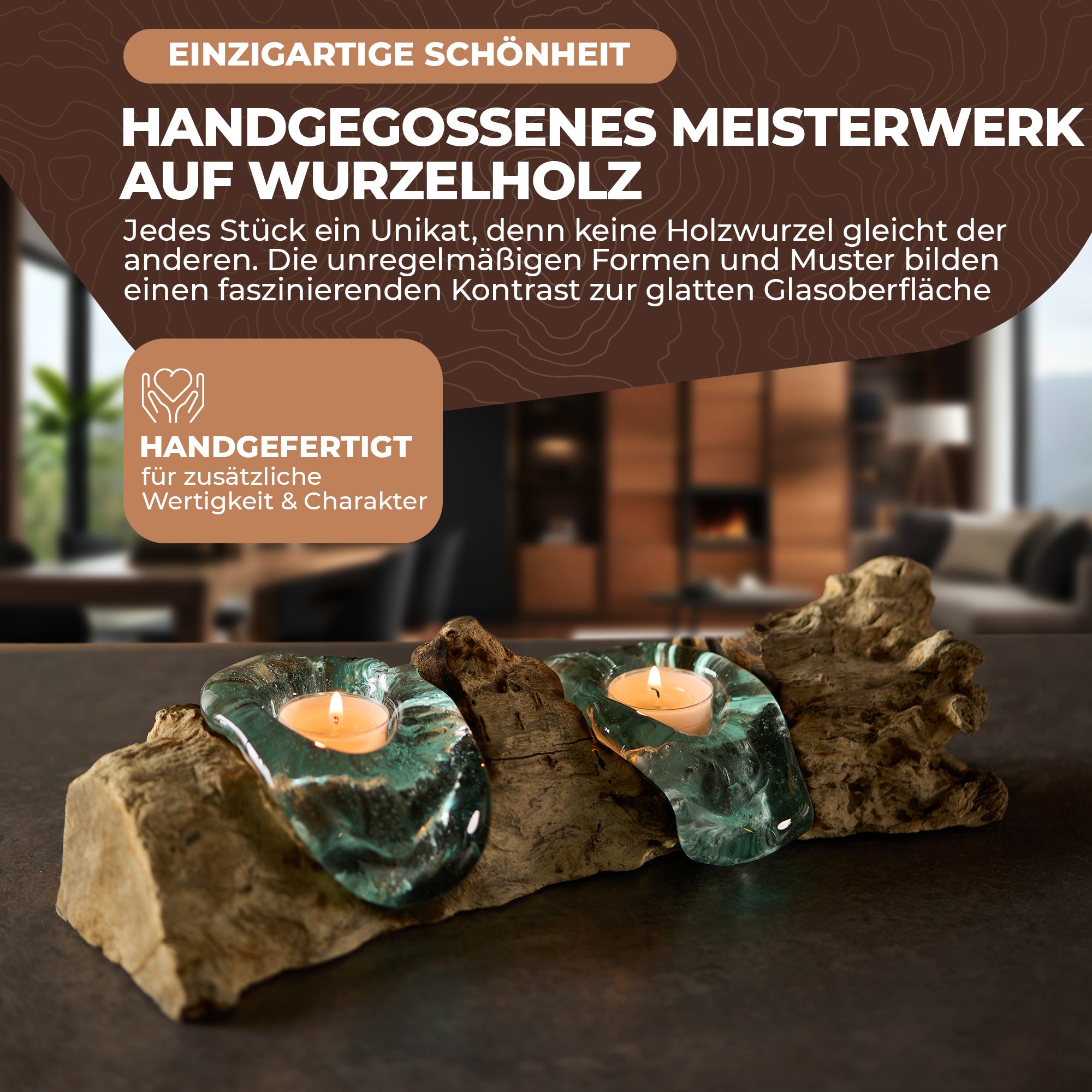 Handgefertigte Teelichter aus Glas und Wurzelholz - 2 Teelichter