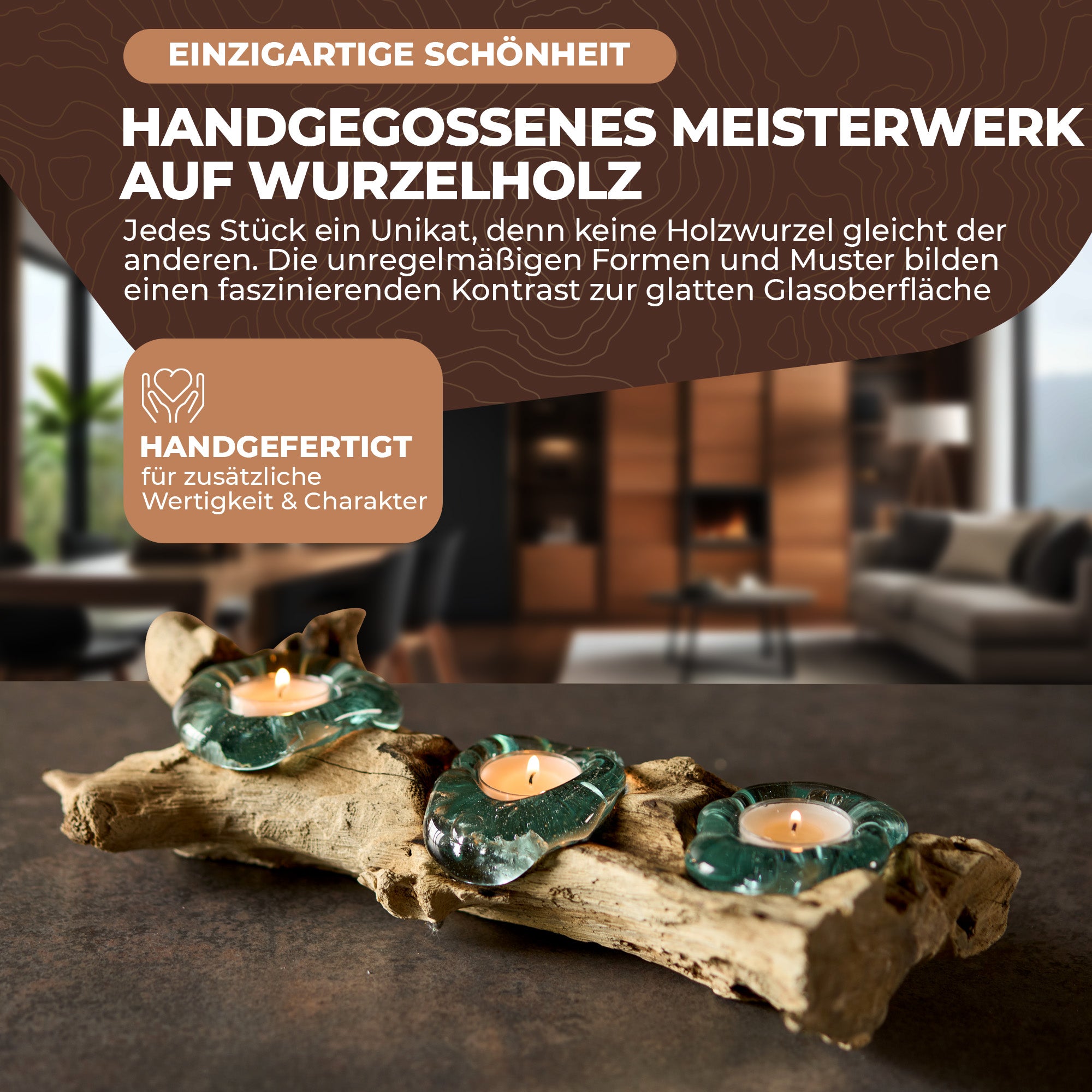 Handgefertigte Teelichter aus Glas und Wurzelholz - 3 Teelichter