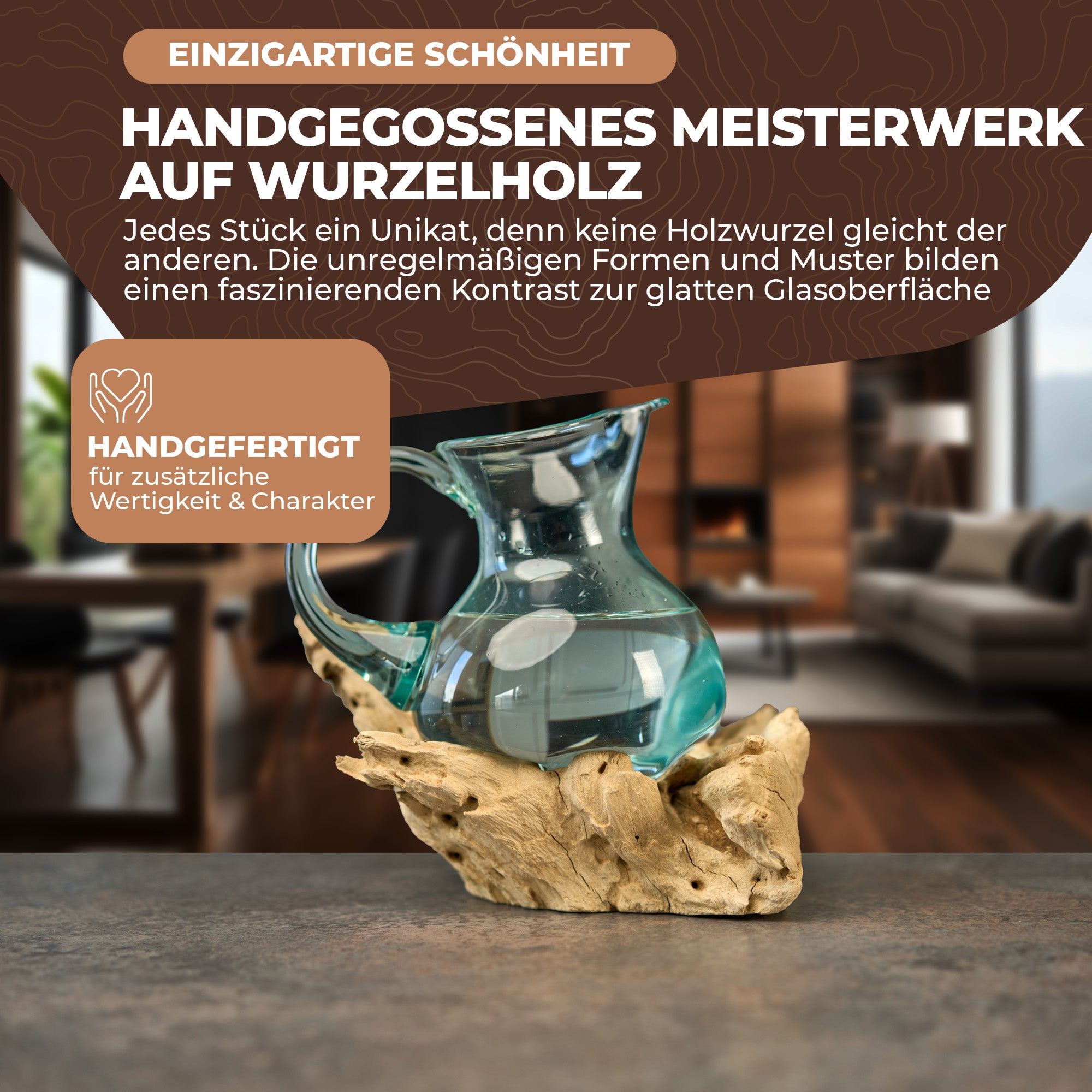 Glaskaraffe auf Wurzelholz