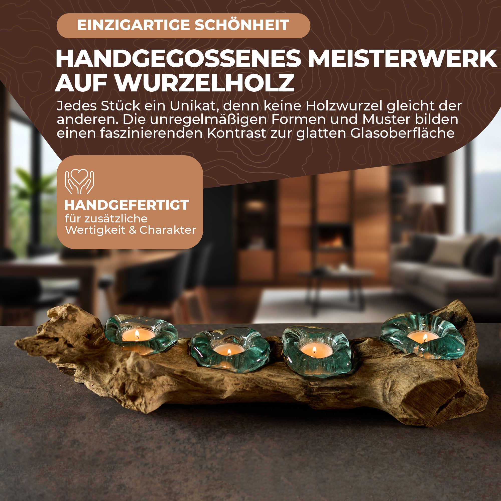 Handgefertigte Teelichter aus Glas und Wurzelholz - 4 Teelichter