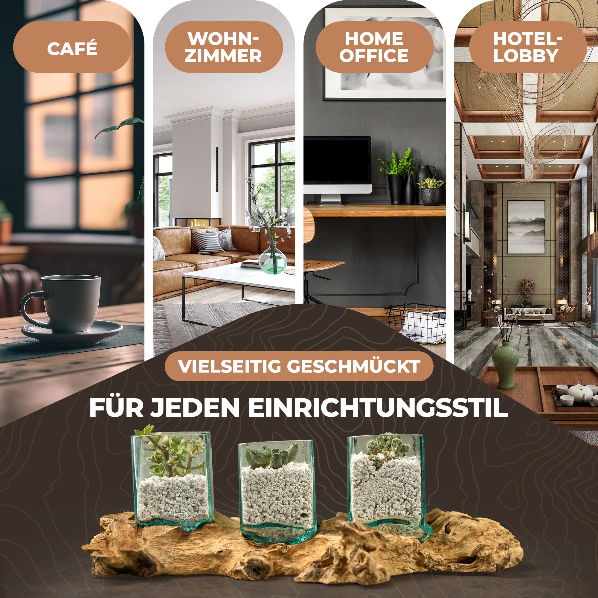 Handgefertigtes Pflanzgefäß-Set aus eckigem Glas und Wurzelholz