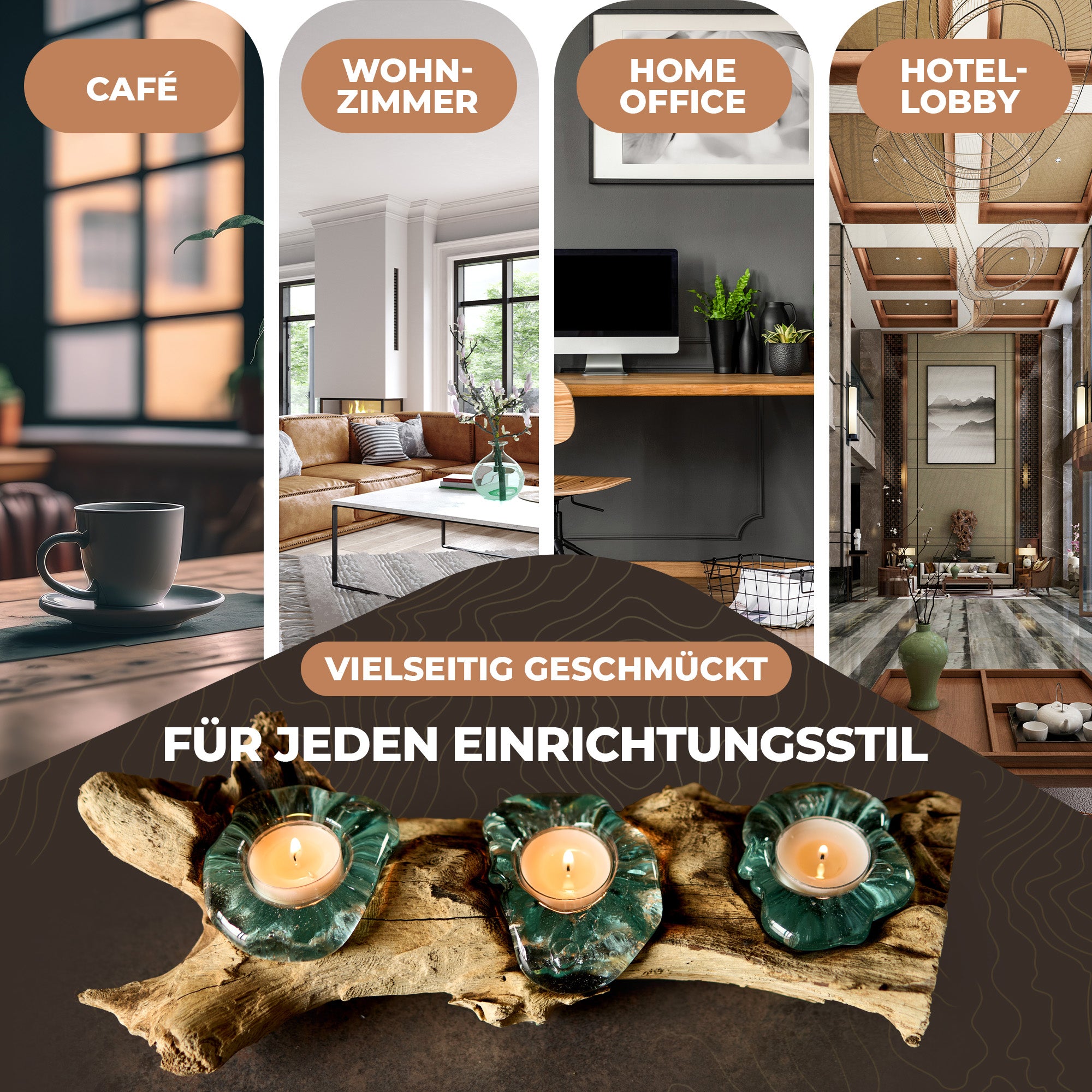 Handgefertigte Teelichter aus Glas und Wurzelholz - 3 Teelichter