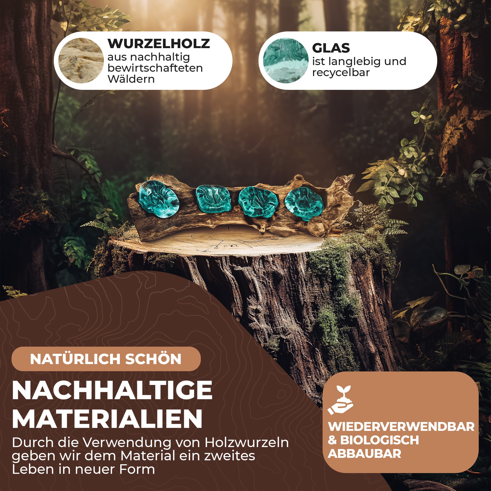 Handgefertigte Teelichter aus Glas und Wurzelholz - 4 Teelichter