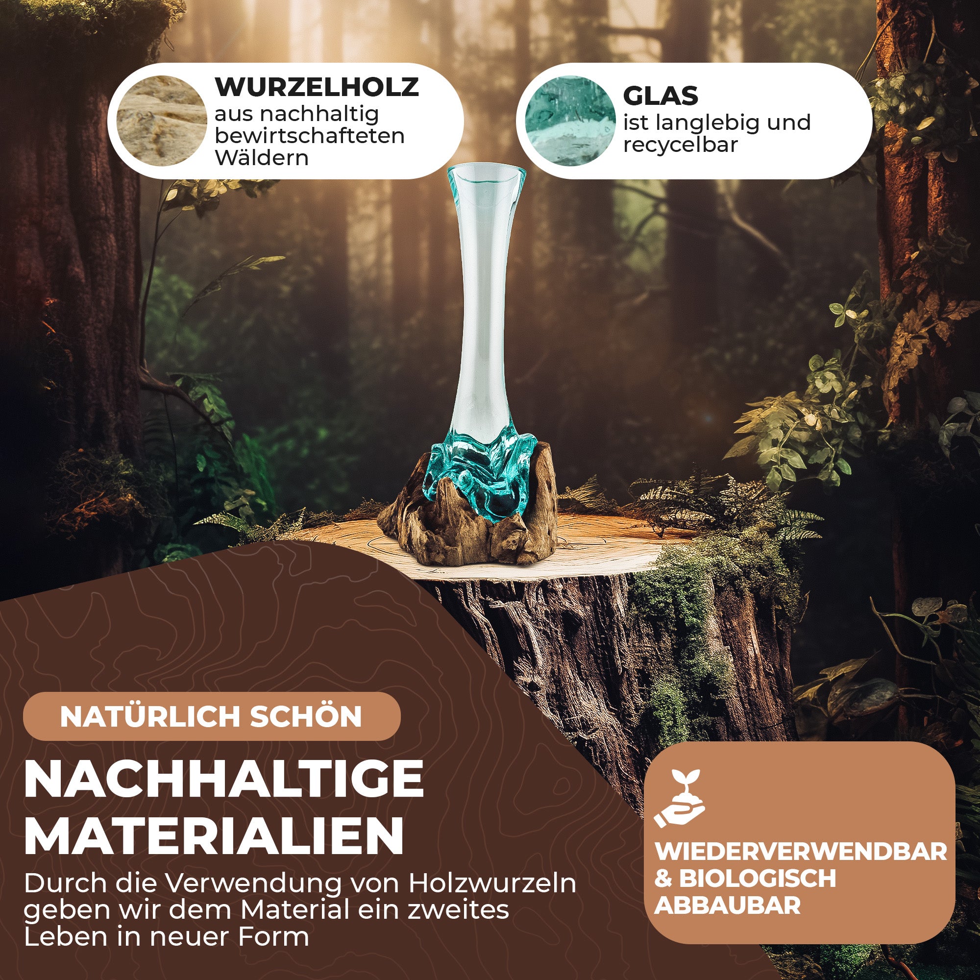 Schlanke Glasvase auf Wurzelholz