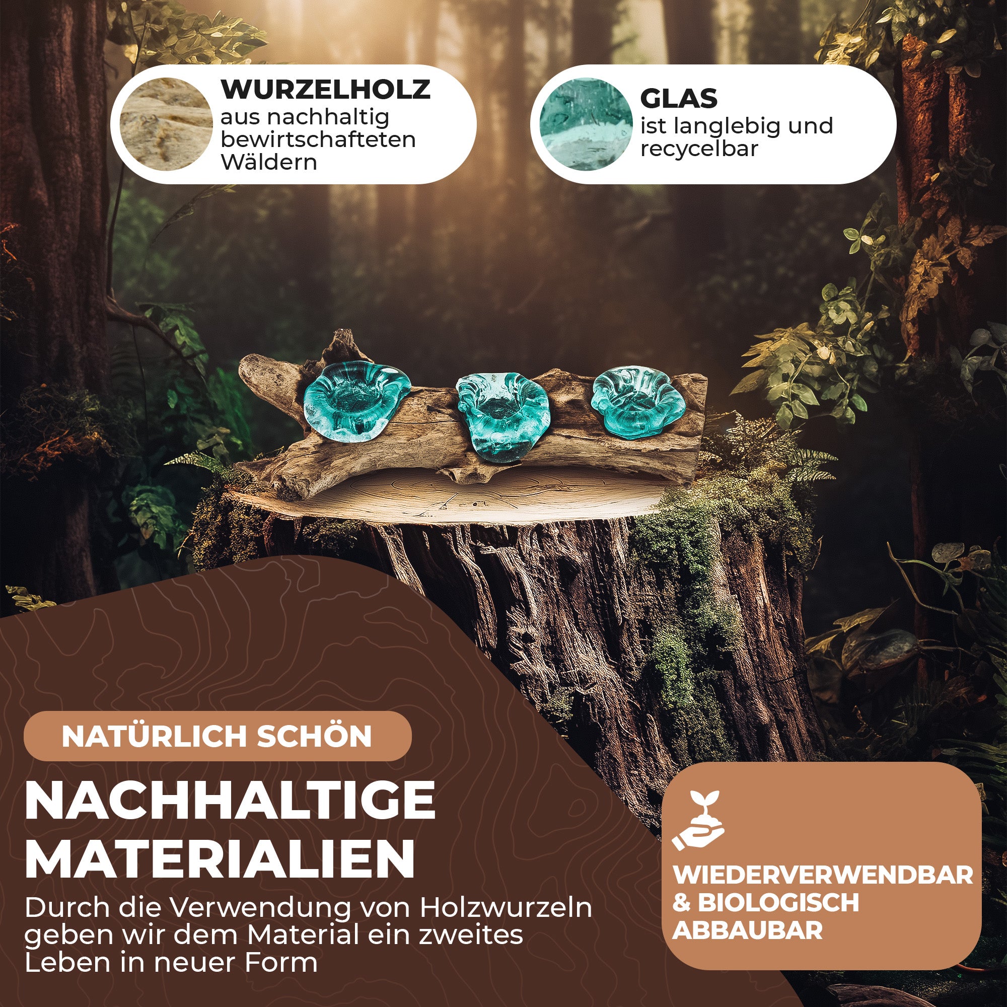 Handgefertigte Teelichter aus Glas und Wurzelholz - 3 Teelichter