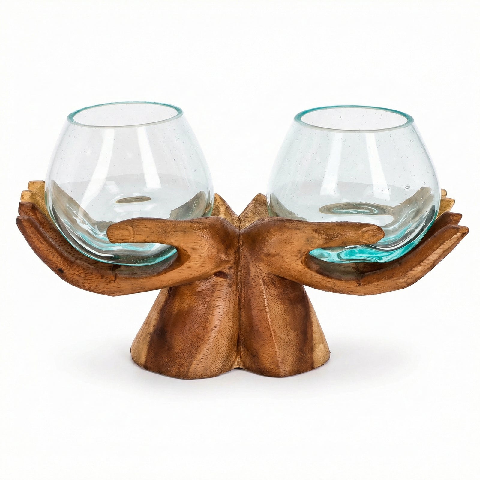 Doppel-Windlicht Holzhand aus Suarholz mit zwei runden Glasgefäßen aus recyceltem Glas, Frontansicht.