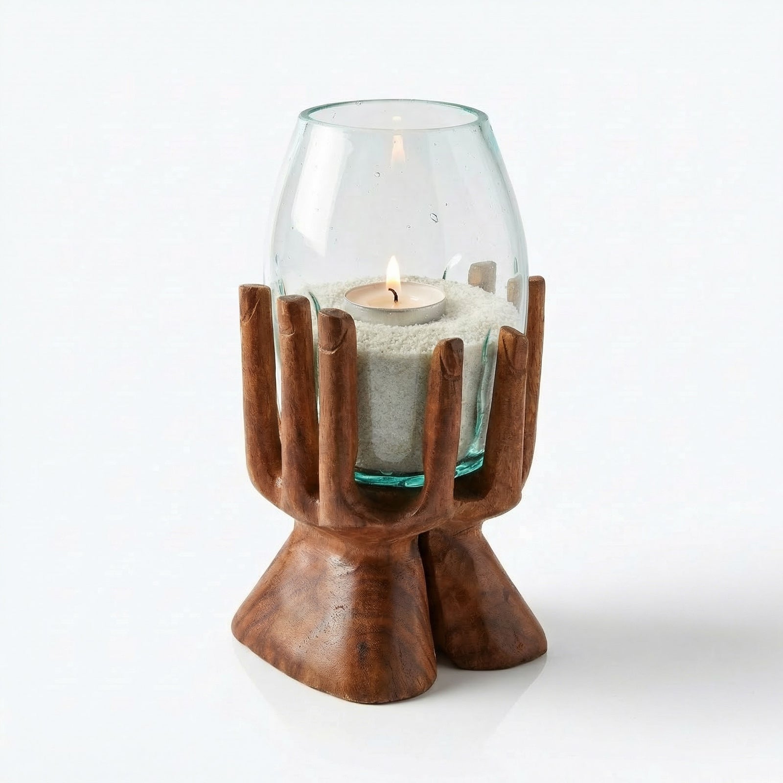 Windlicht Glas Holzhand 30 cm – Teelichthalter aus Suarholz
