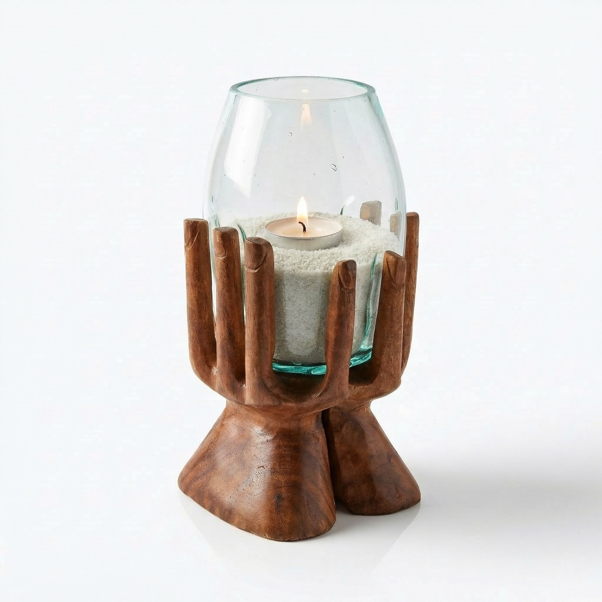 Windlicht Glas Holzhand 30 cm – Teelichthalter aus Suarholz