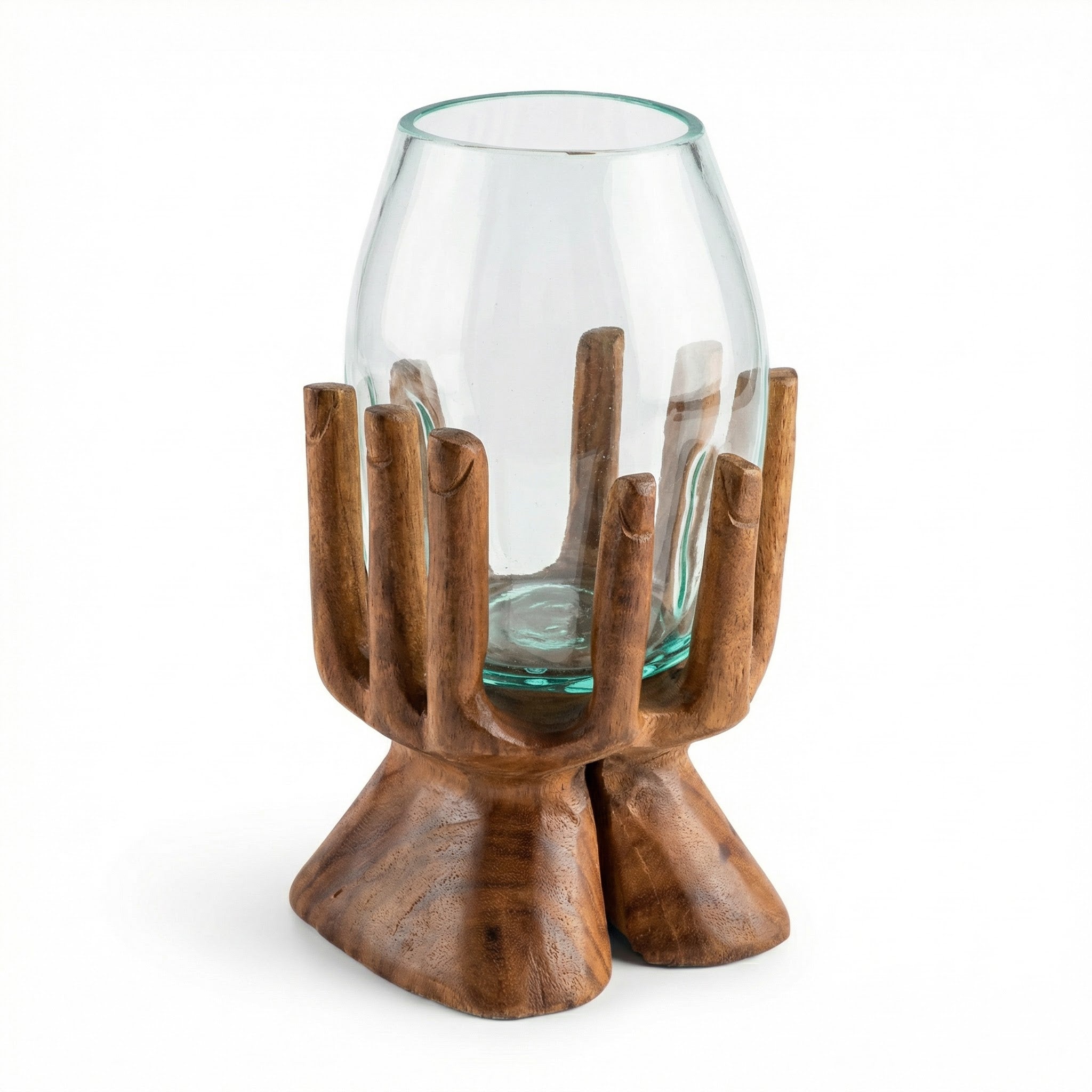 Windlicht Glas Holzhand 30 cm – Teelichthalter aus Suarholz