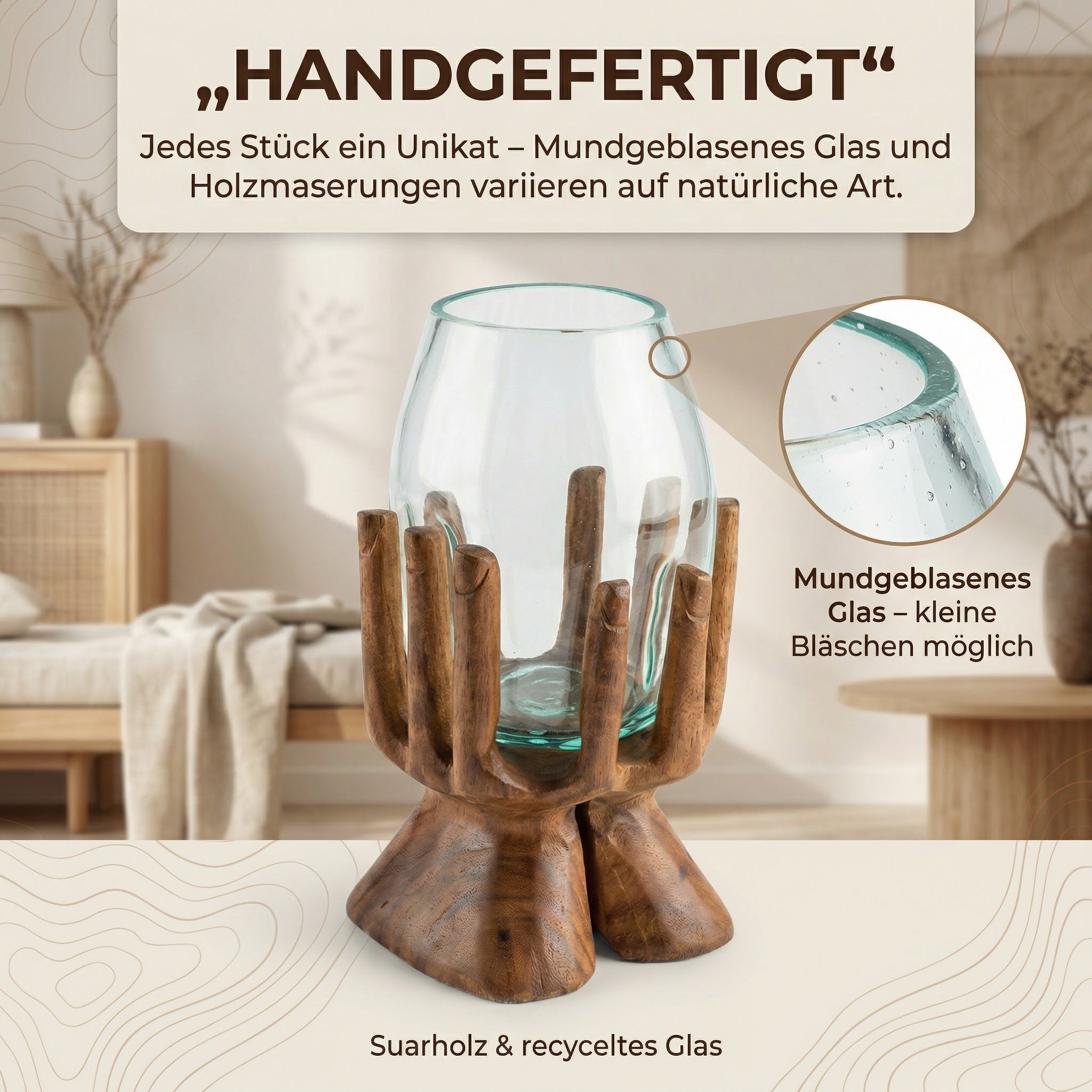 Windlicht Glas Holzhand 30 cm – Teelichthalter aus Suarholz
