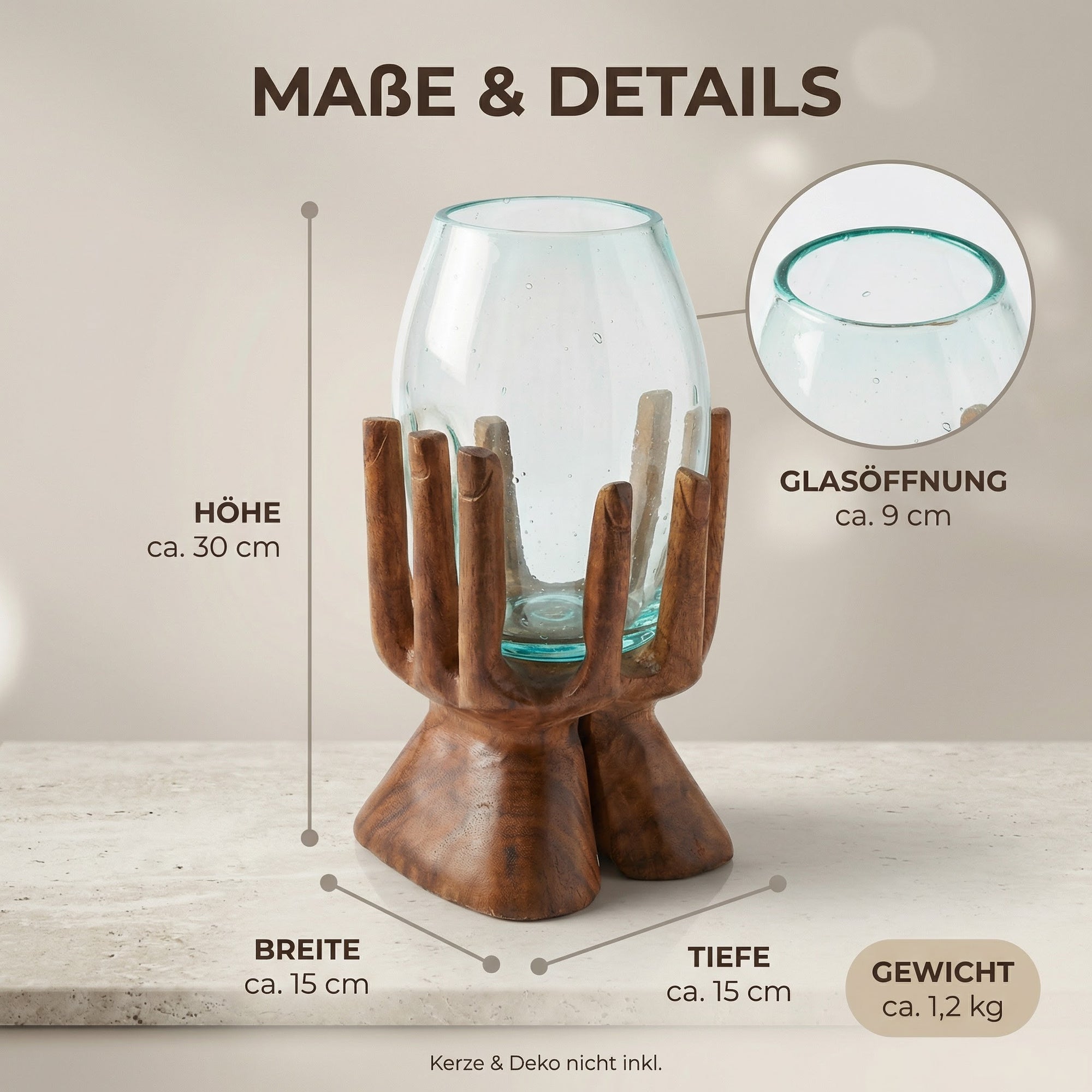 Windlicht Glas Holzhand 30 cm – Teelichthalter aus Suarholz