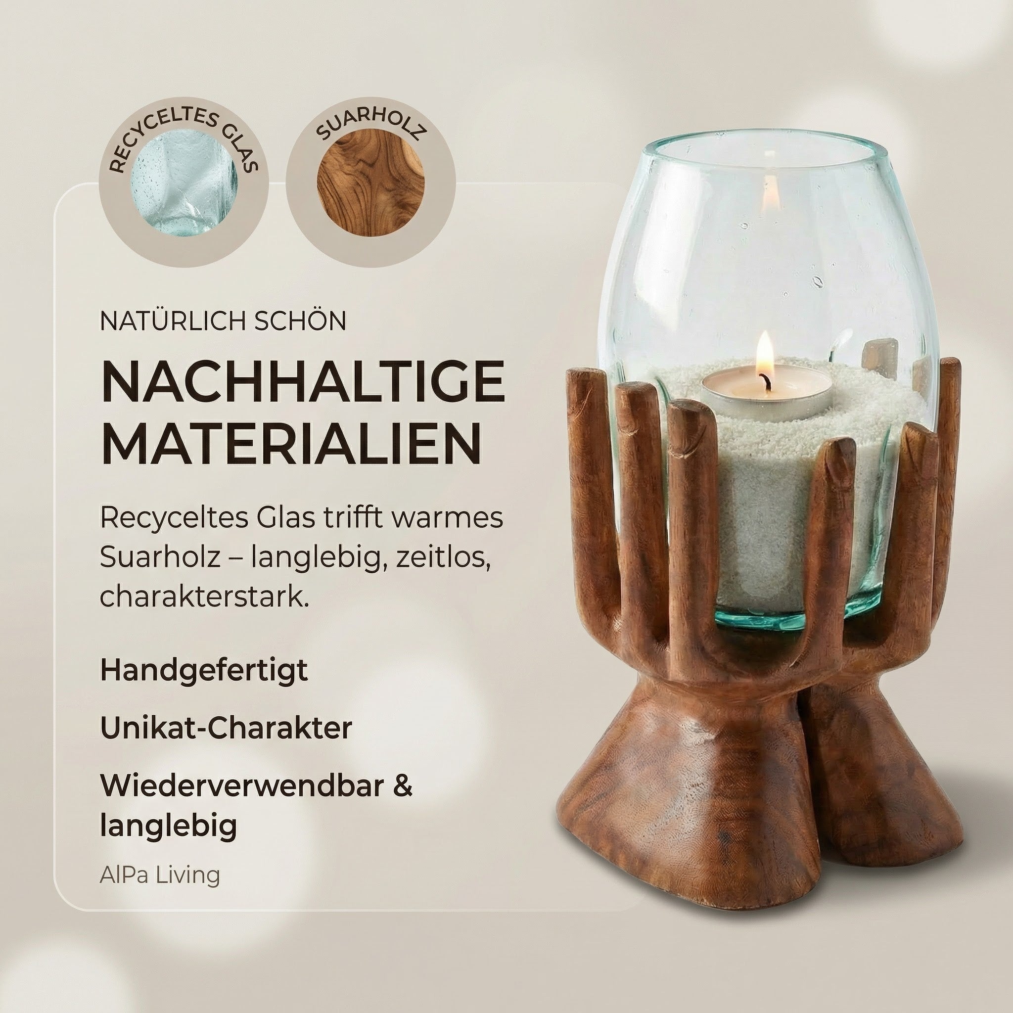 Windlicht Glas Holzhand 30 cm – Teelichthalter aus Suarholz