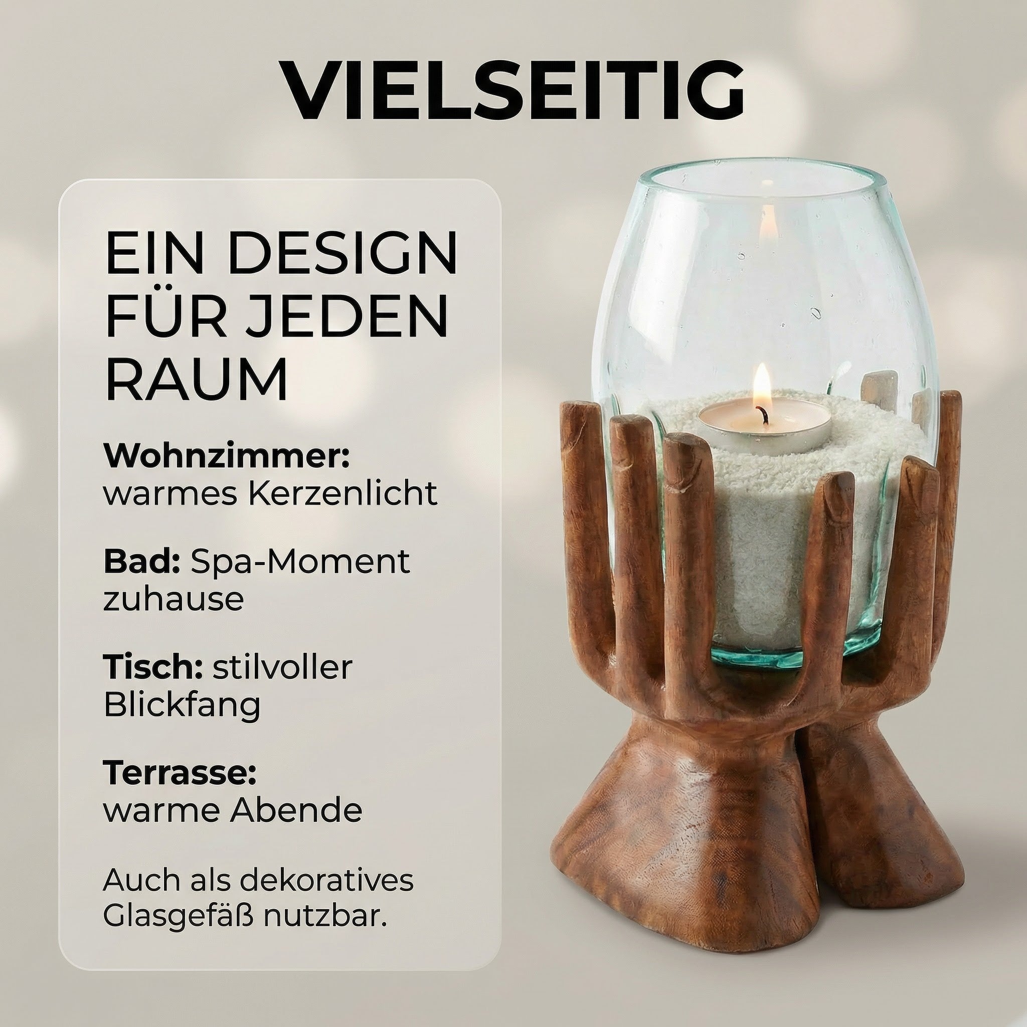 Windlicht Glas Holzhand 30 cm – Teelichthalter aus Suarholz