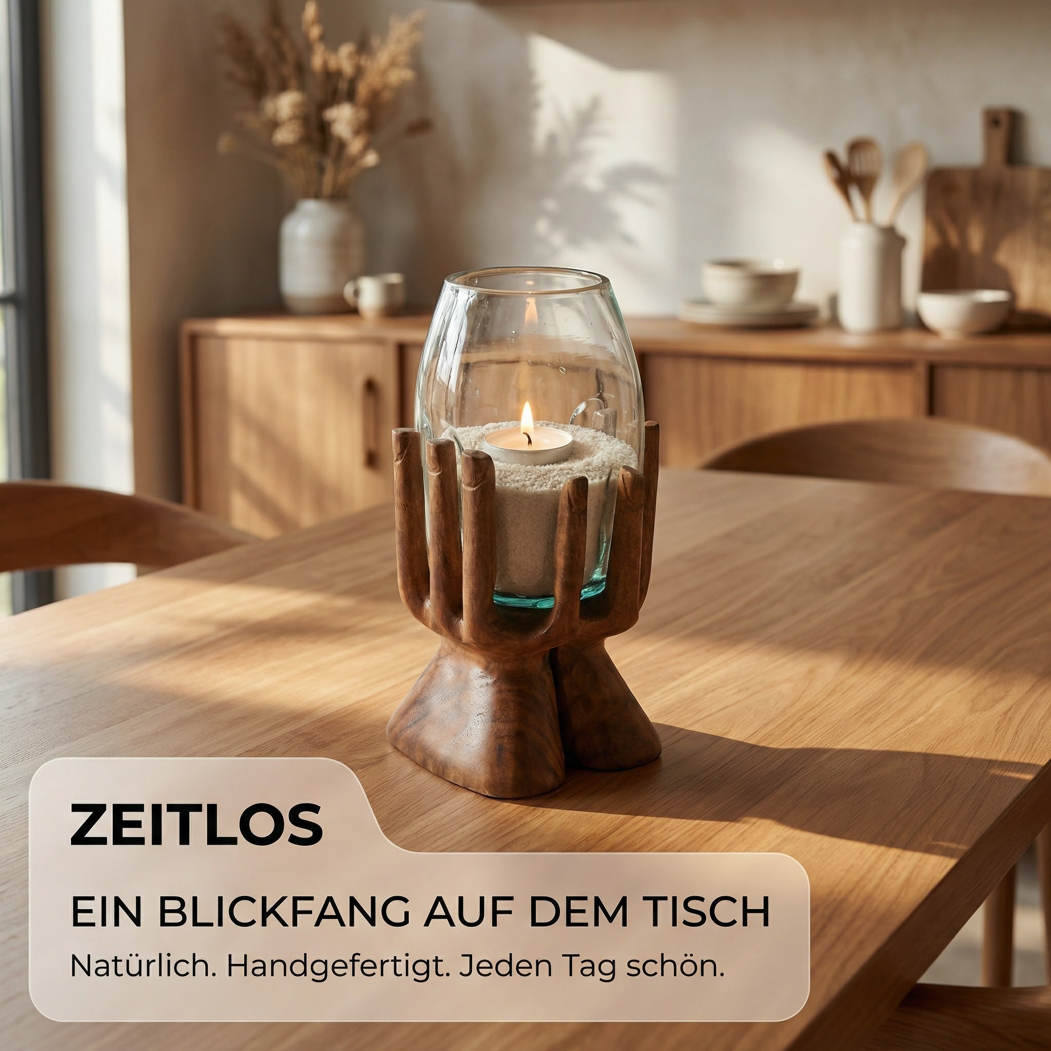 Windlicht Glas Holzhand 30 cm – Teelichthalter aus Suarholz