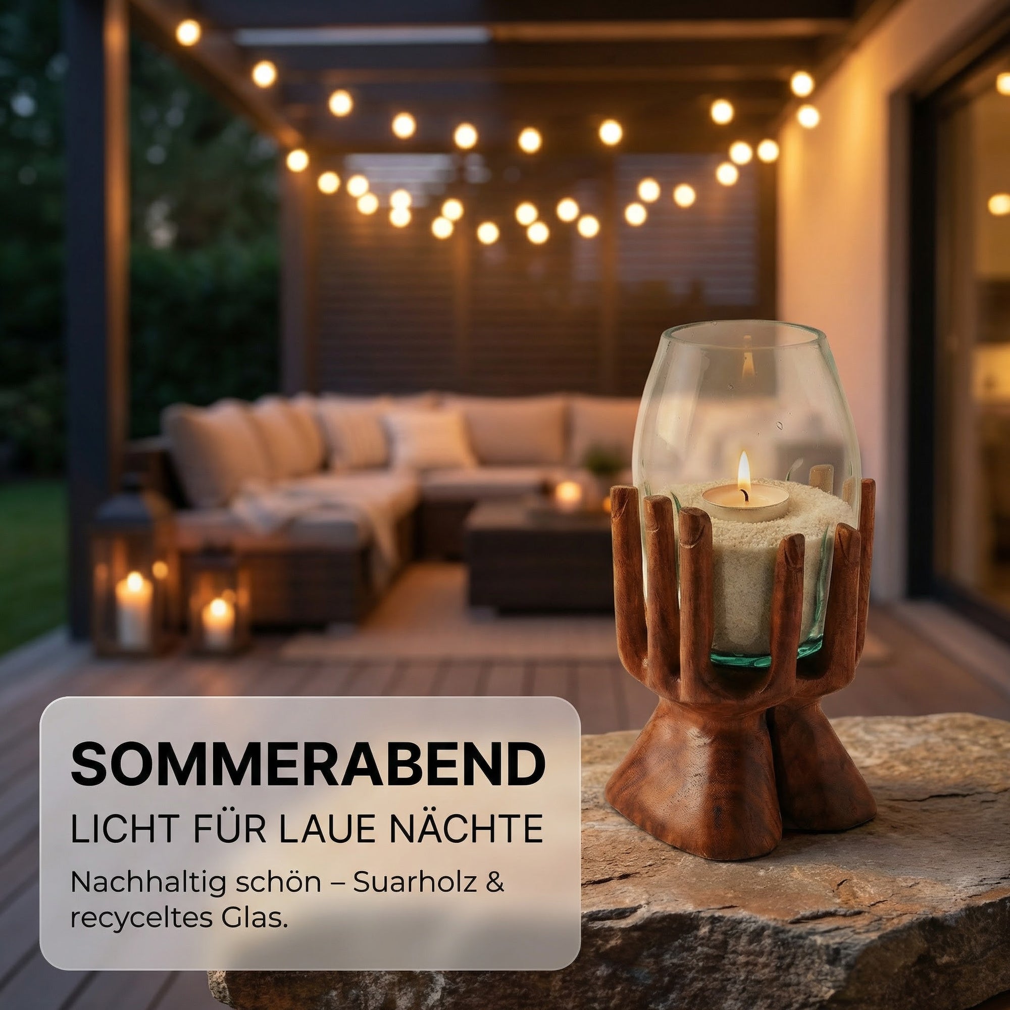 Windlicht Glas Holzhand 30 cm – Teelichthalter aus Suarholz