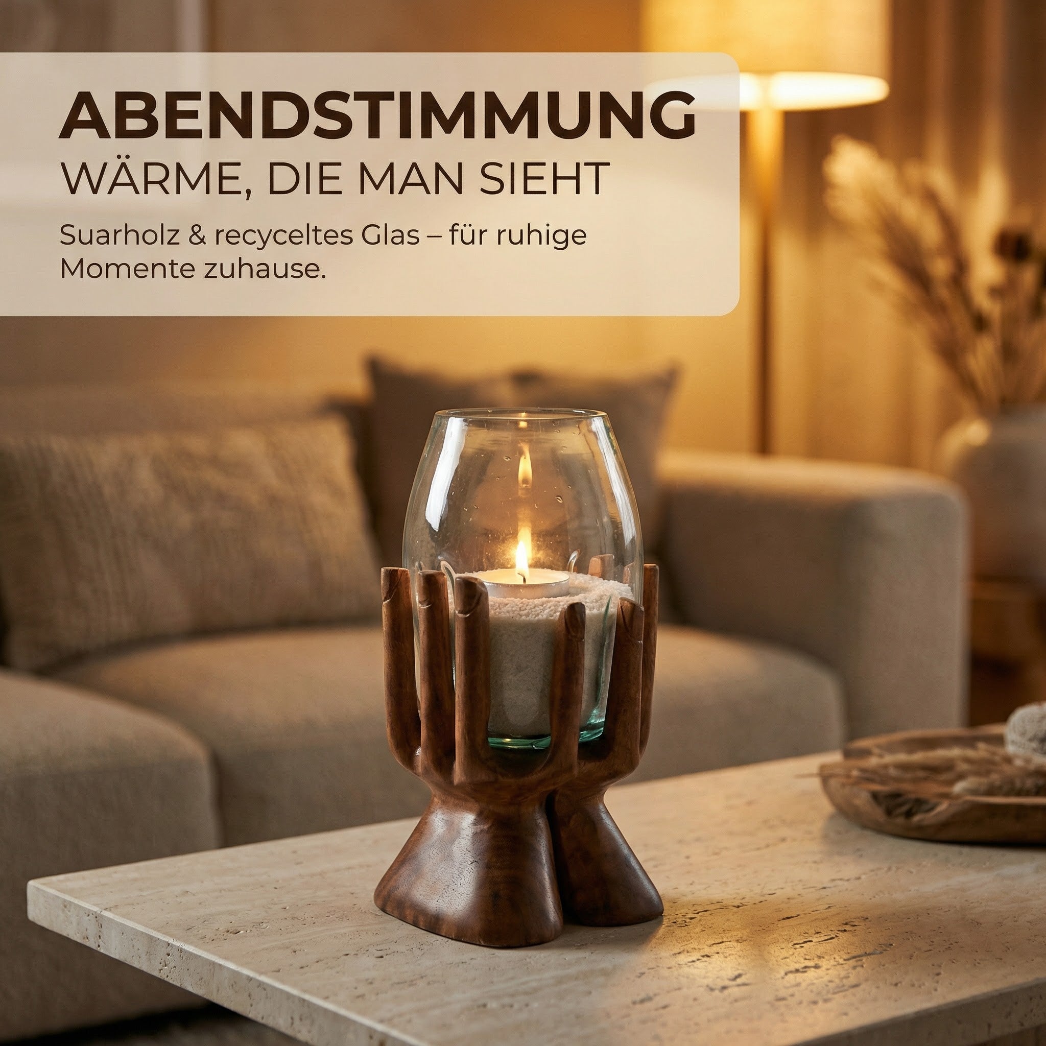 Windlicht Glas Holzhand 30 cm – Teelichthalter aus Suarholz