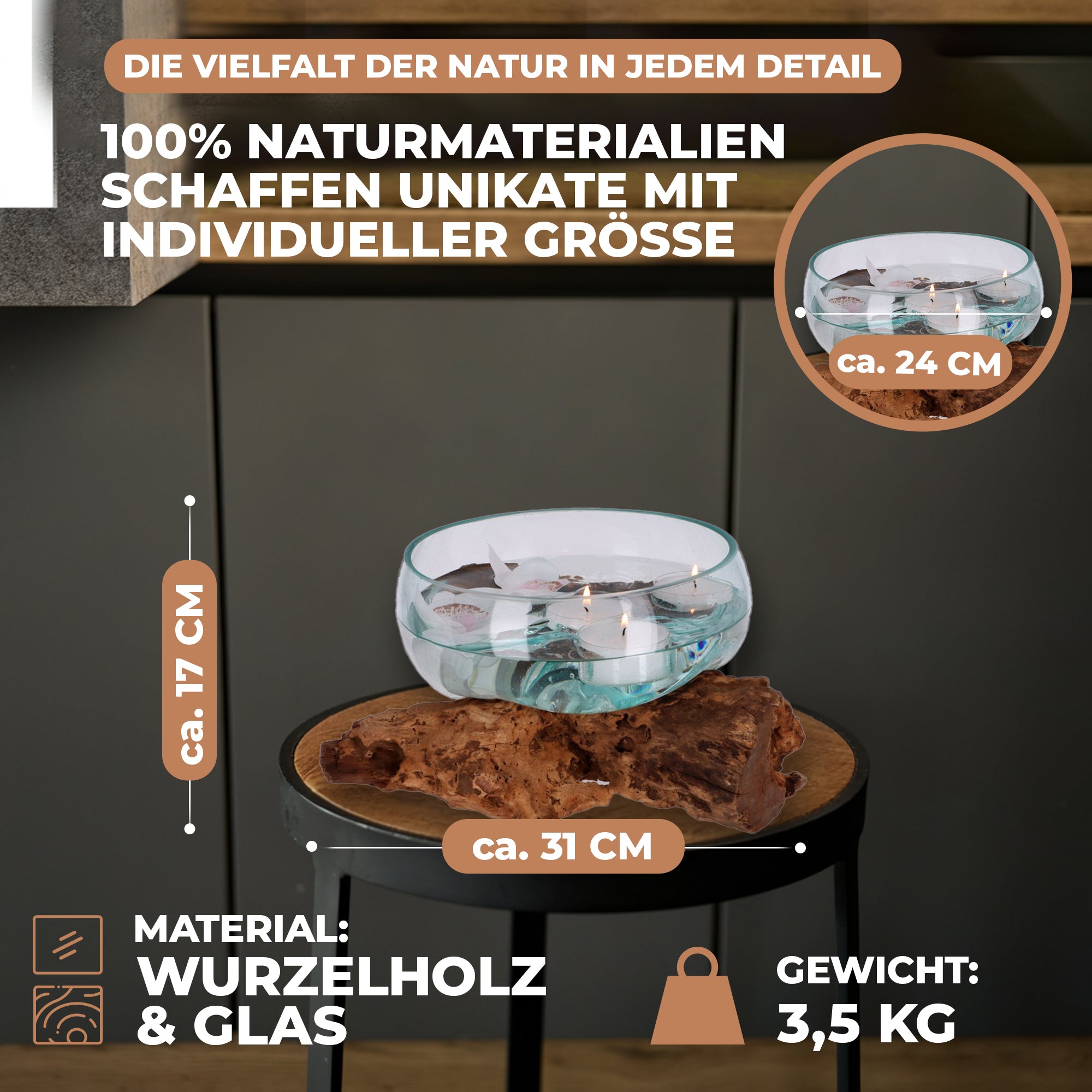 Flache Glas-Dekoschale auf Wurzelholz – Handgefertigtes Unikat aus recyceltem Glas und Naturmaterialien