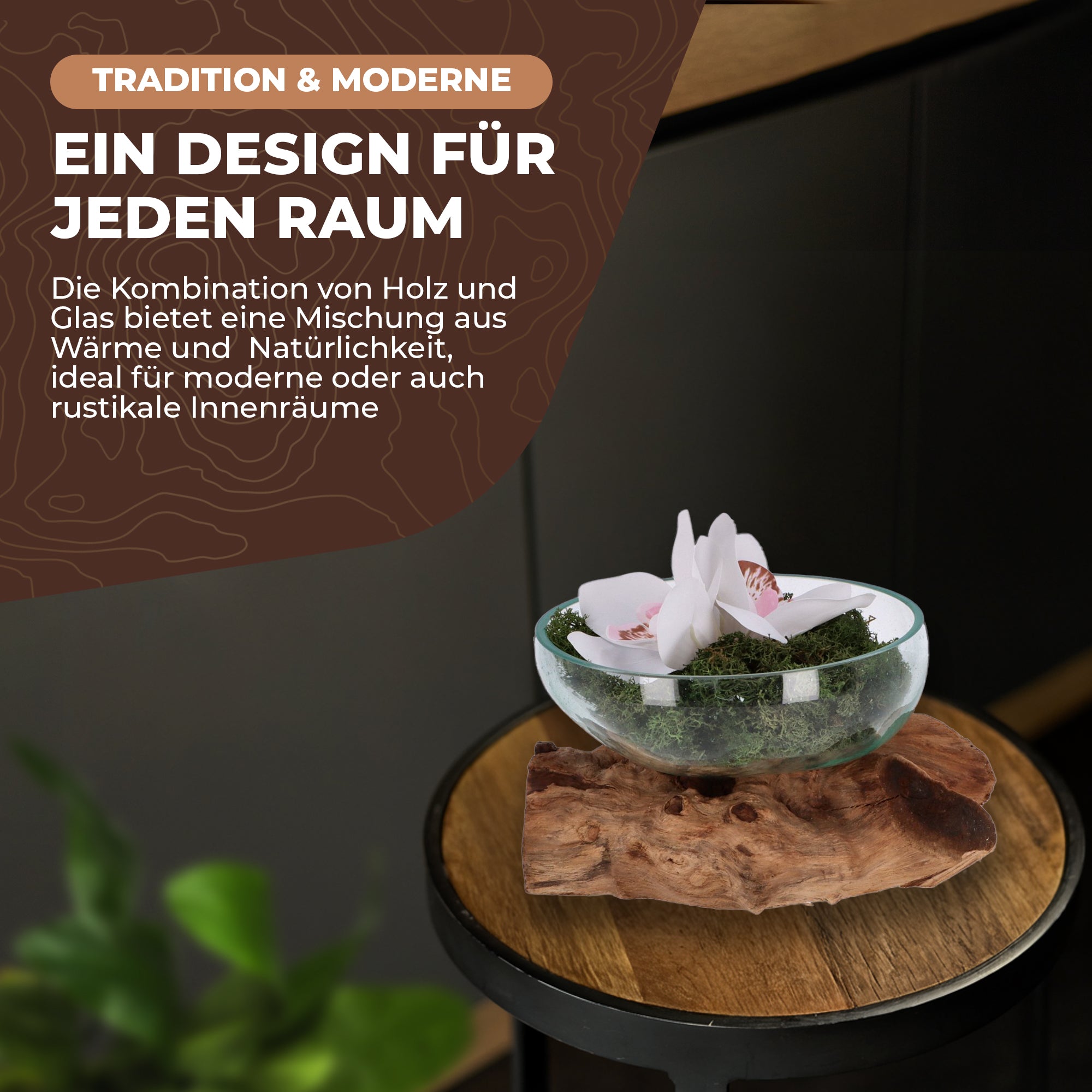 Flache Glas-Dekoschale auf Wurzelholz – Handgemachtes Unikat aus recyceltem Glas und naturbelassenem Holz