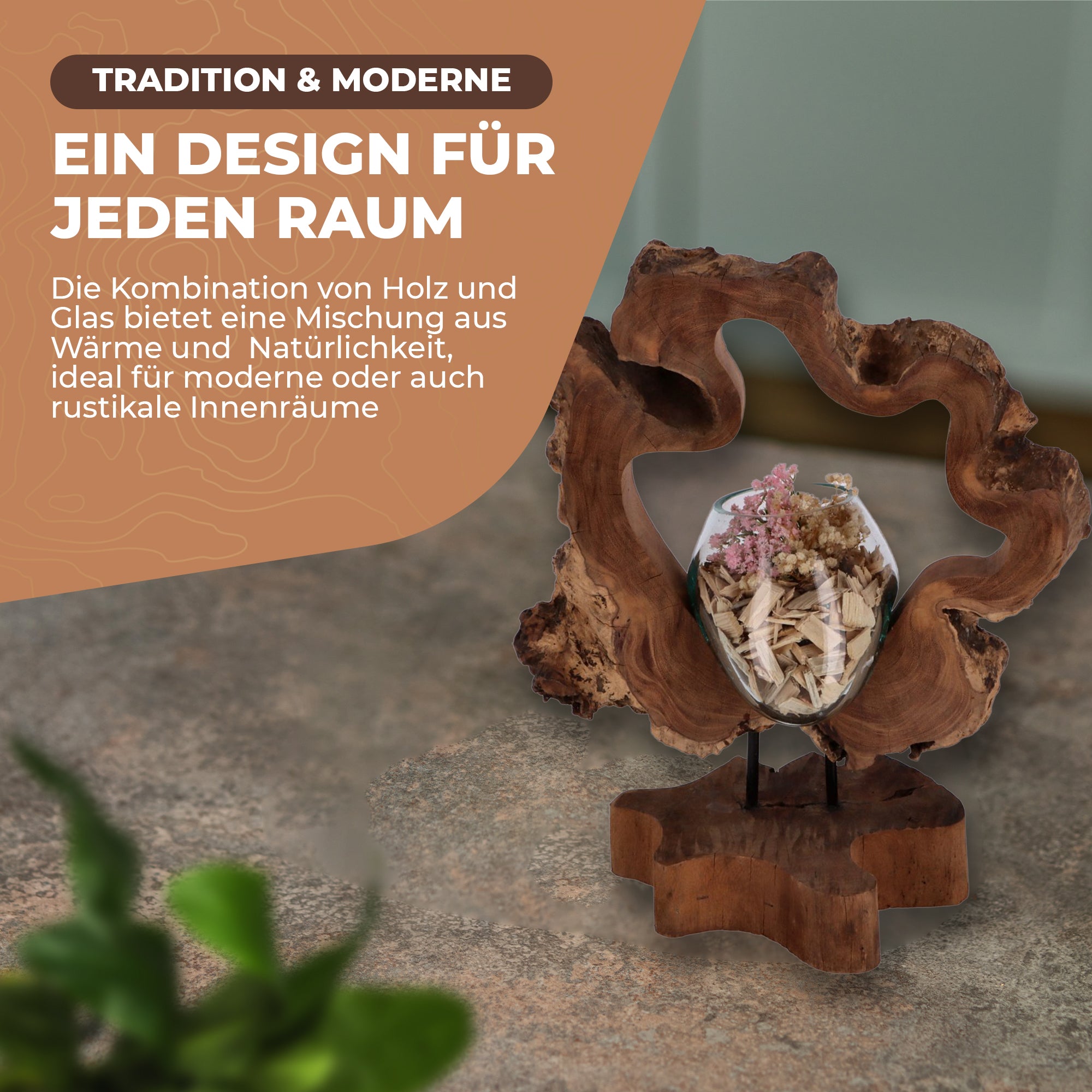 Handgefertigte Holzskulptur mit Glas – Nachhaltige Deko aus Wurzelholz | Modernes Wohnaccessoire