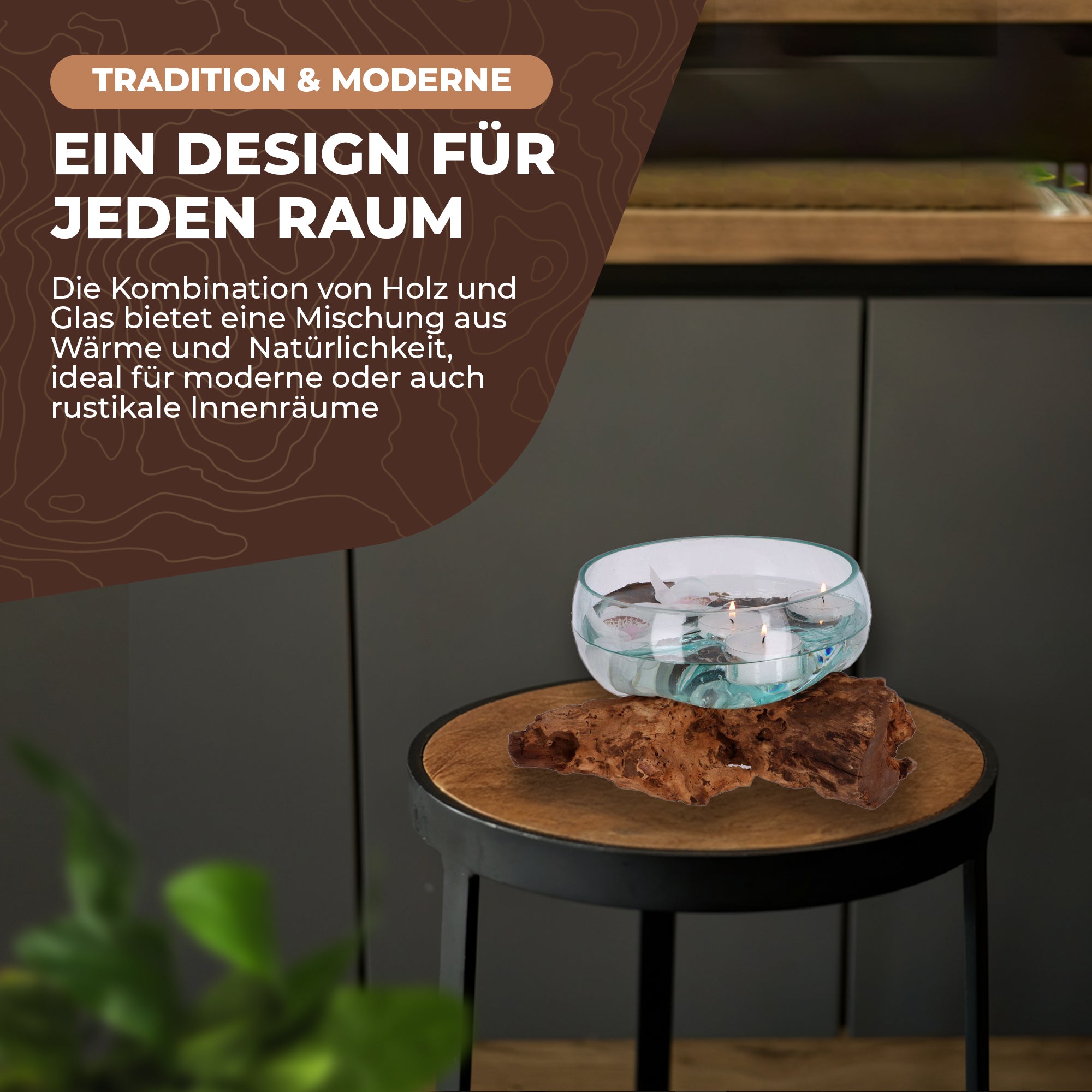 Flache Glas-Dekoschale auf Wurzelholz – Handgefertigtes Unikat aus recyceltem Glas und Naturmaterialien
