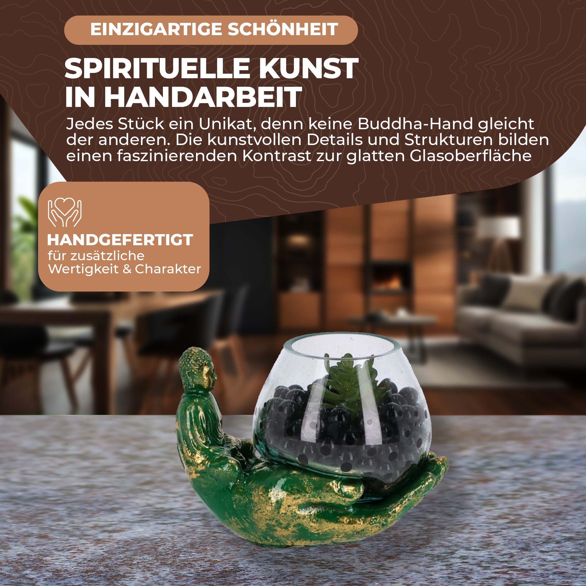 Handgefertigte Buddha-Hand mit mundgeblasenem Glas – Teelichthalter & Deko-Schale