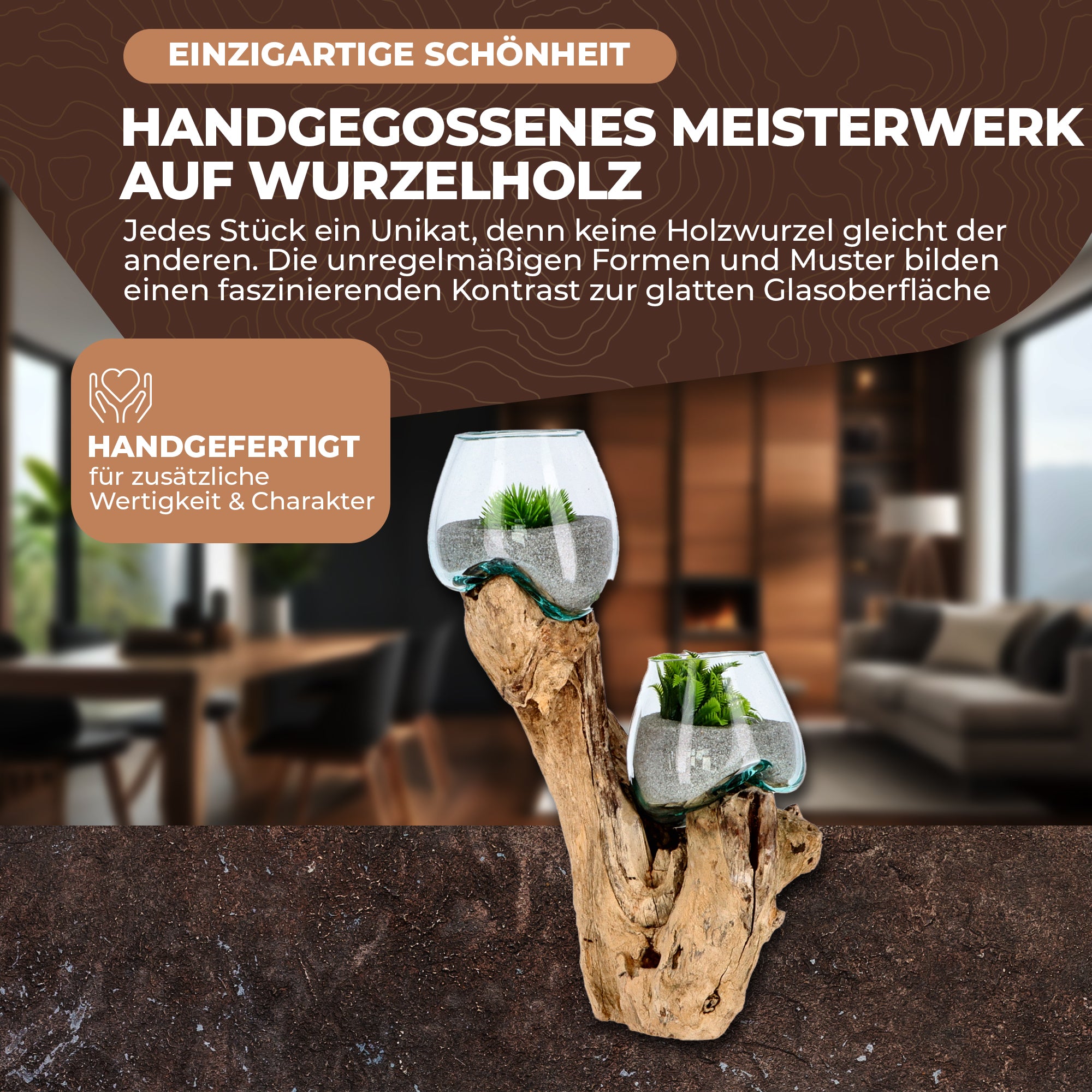 Handgefertigte Deko-Vase Glas auf Wurzelholz – Aufrechte Natur-Skulptur mit zwei Glaskugeln