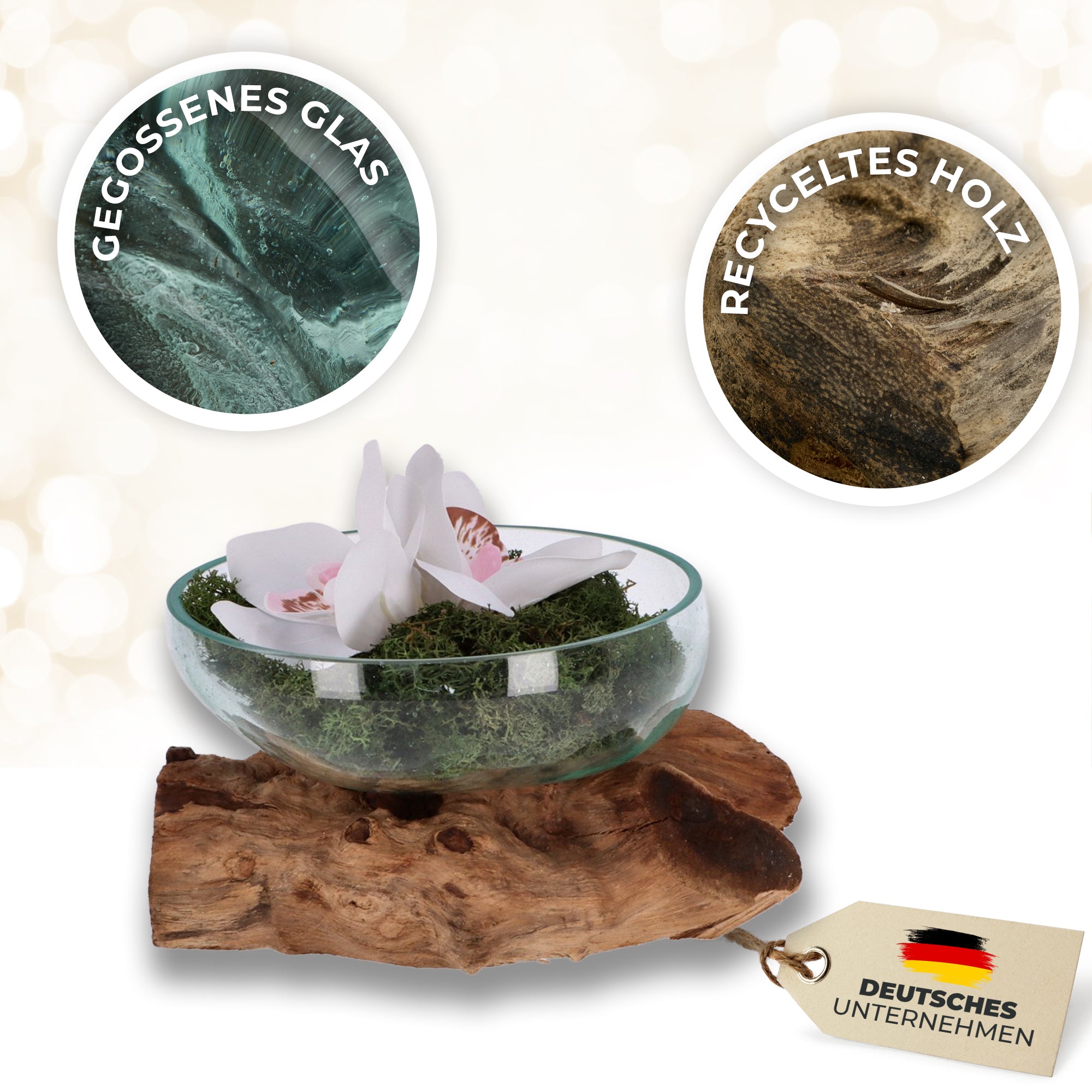 Flache Glas-Dekoschale auf Wurzelholz – Handgemachtes Unikat aus recyceltem Glas und naturbelassenem Holz