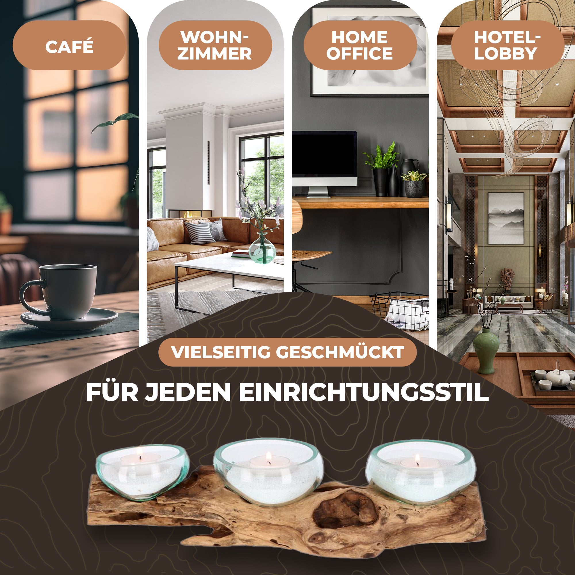 Teelichthalter aus Glas auf Wurzelholz – Handgefertigtes Unikat mit 3 Gläsern – Naturdeko & Tischlicht
