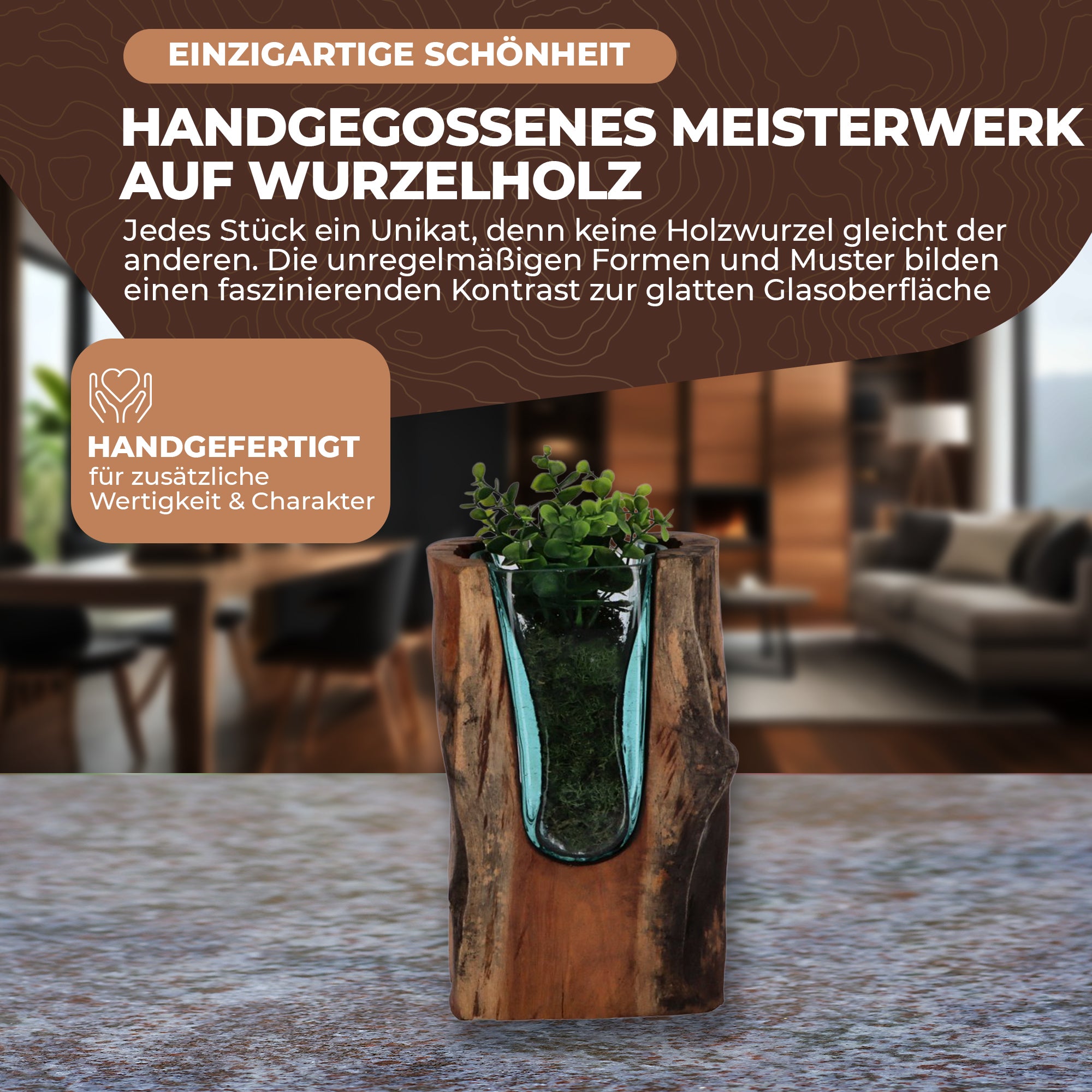 Designer-Vase aus Wurzelholz mit mundgeblasenem Glas – Handgefertigt und Nachhaltig U Vase (30cm)