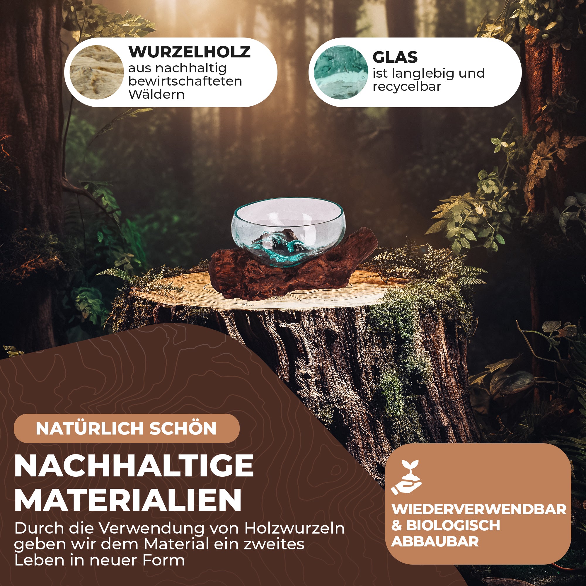 Flache Glas-Dekoschale auf Wurzelholz – Handgefertigtes Unikat aus recyceltem Glas und Naturmaterialien