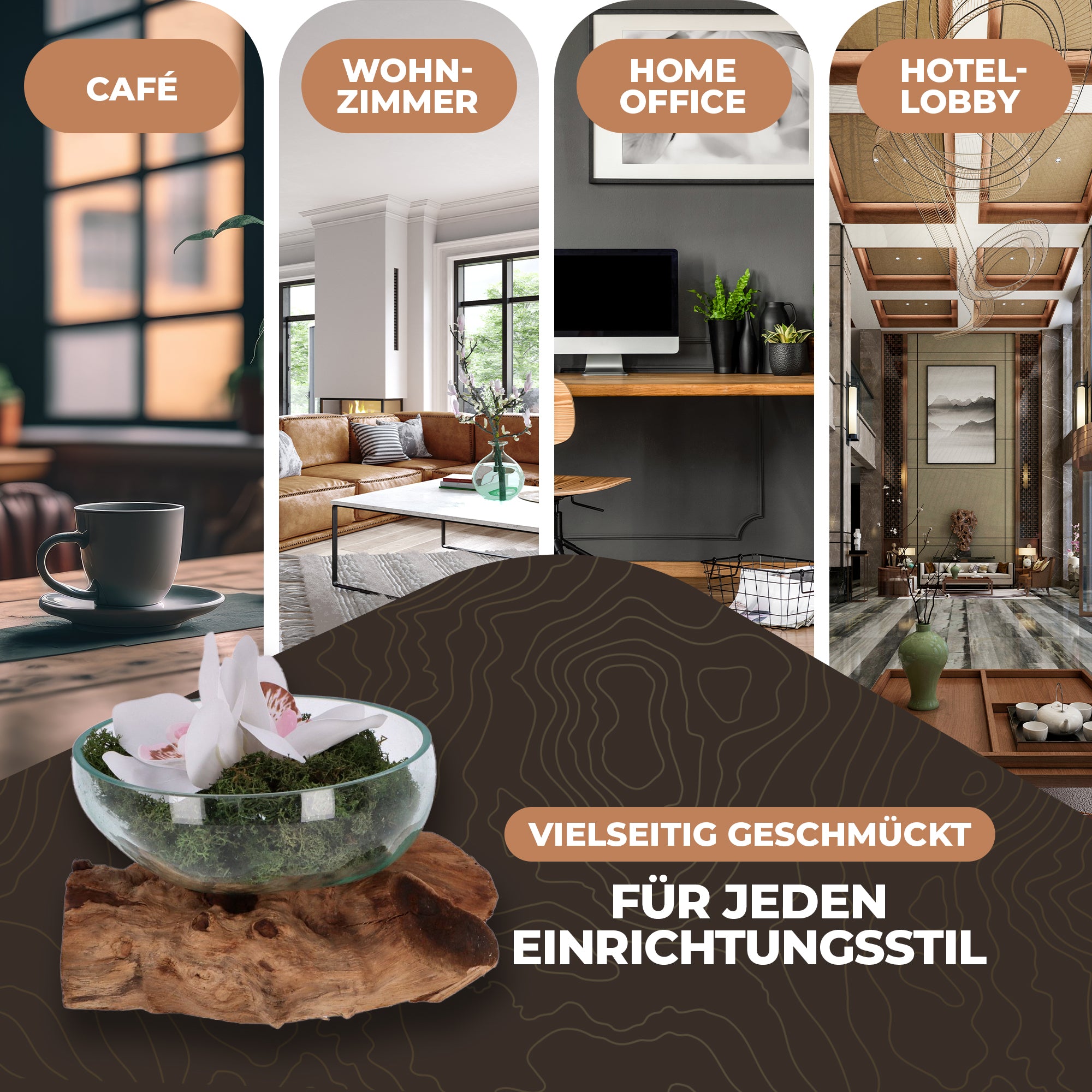 Flache Glas-Dekoschale auf Wurzelholz – Handgemachtes Unikat aus recyceltem Glas und naturbelassenem Holz