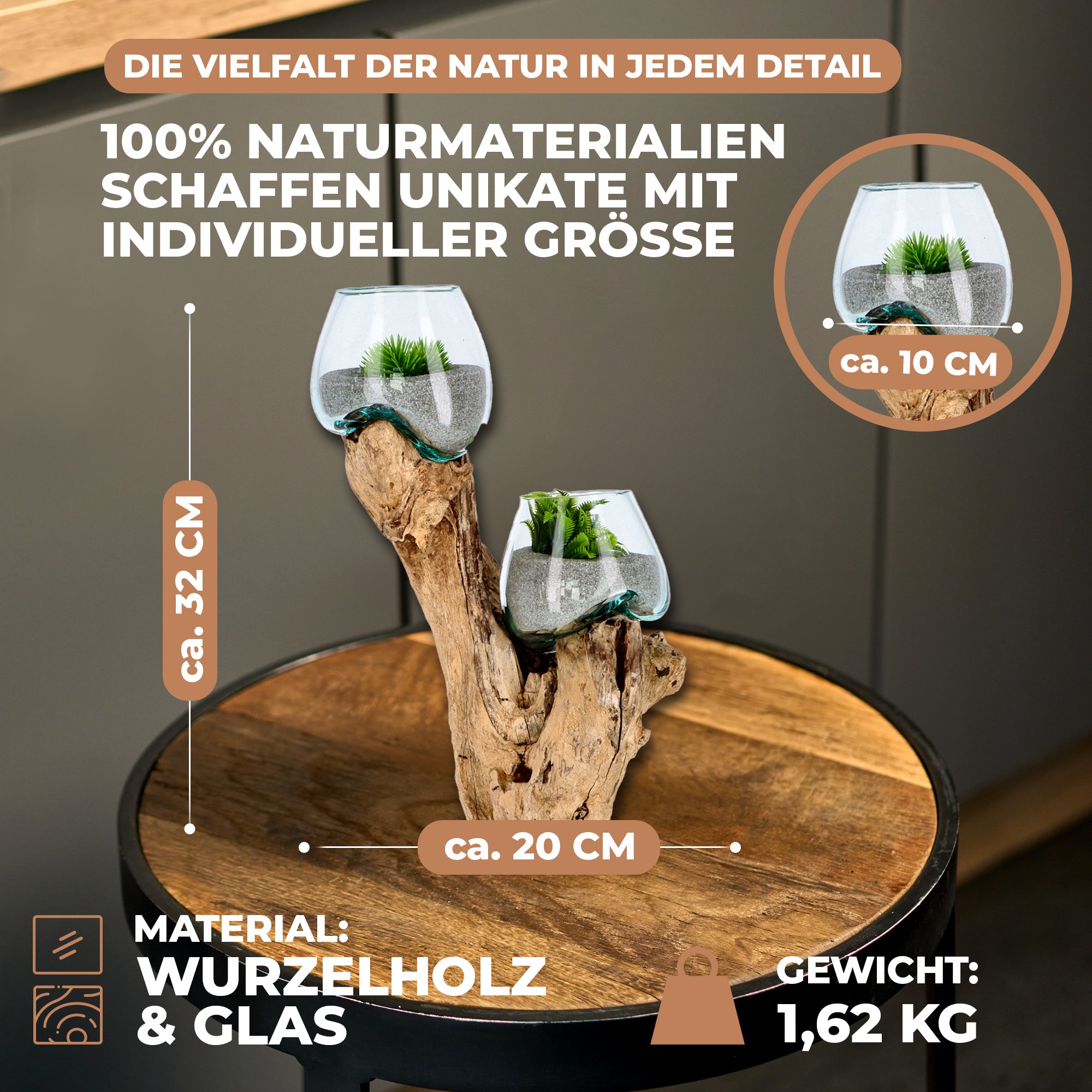 Handgefertigte Deko-Vase Glas auf Wurzelholz – Aufrechte Natur-Skulptur mit zwei Glaskugeln