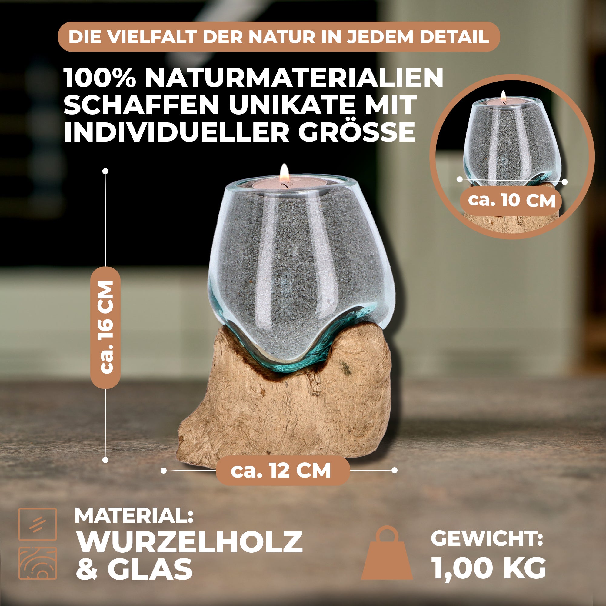 Glas auf Holzwurzel – Handgemachte Dekoschale, Vase oder Teelichthalter