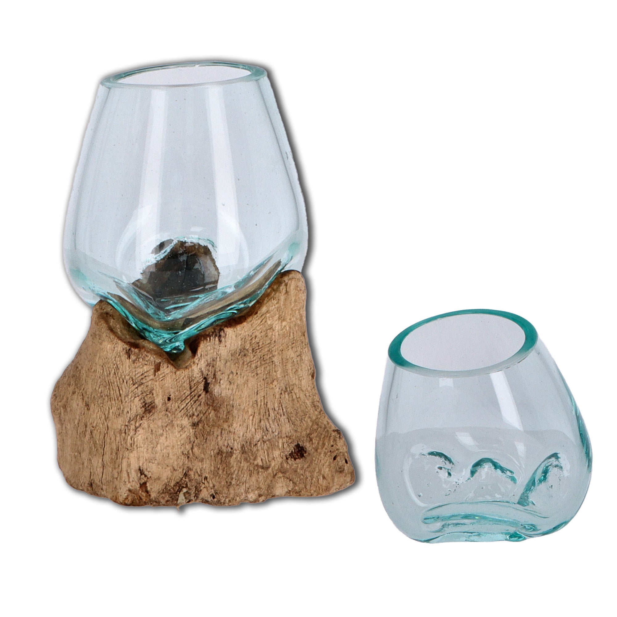Glas auf Holzwurzel – Handgemachte Dekoschale, Vase oder Teelichthalter