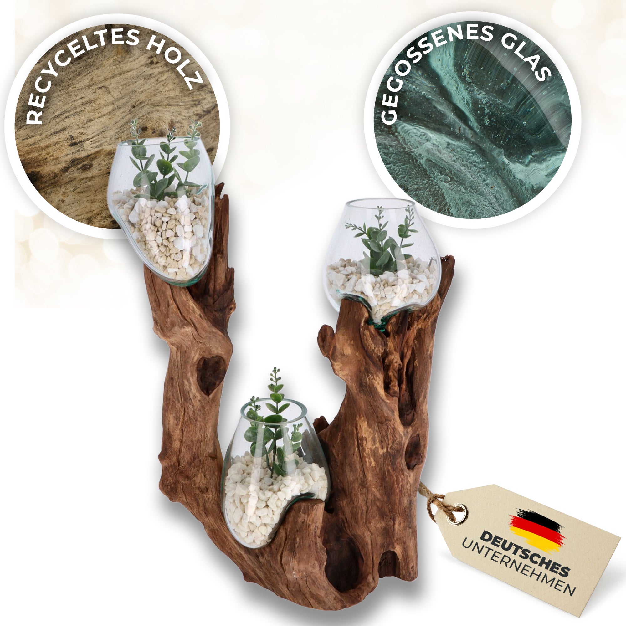 Große Glas-Dekoschale auf Wurzelholz – Handgefertigtes Unikat mit 3 Glaskugeln – Naturdeko aus recyceltem Glas und Holz