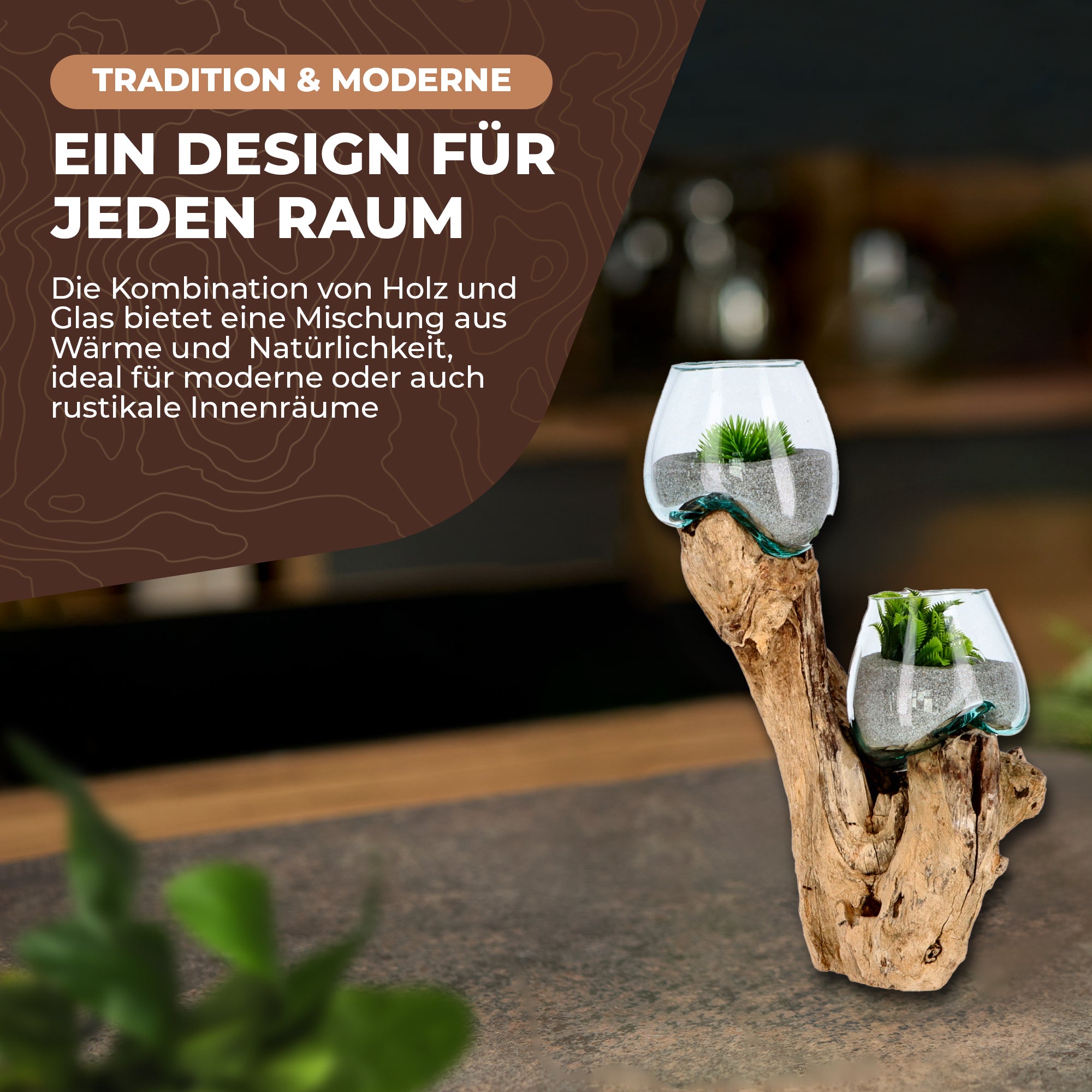 Handgefertigte Deko-Vase Glas auf Wurzelholz – Aufrechte Natur-Skulptur mit zwei Glaskugeln