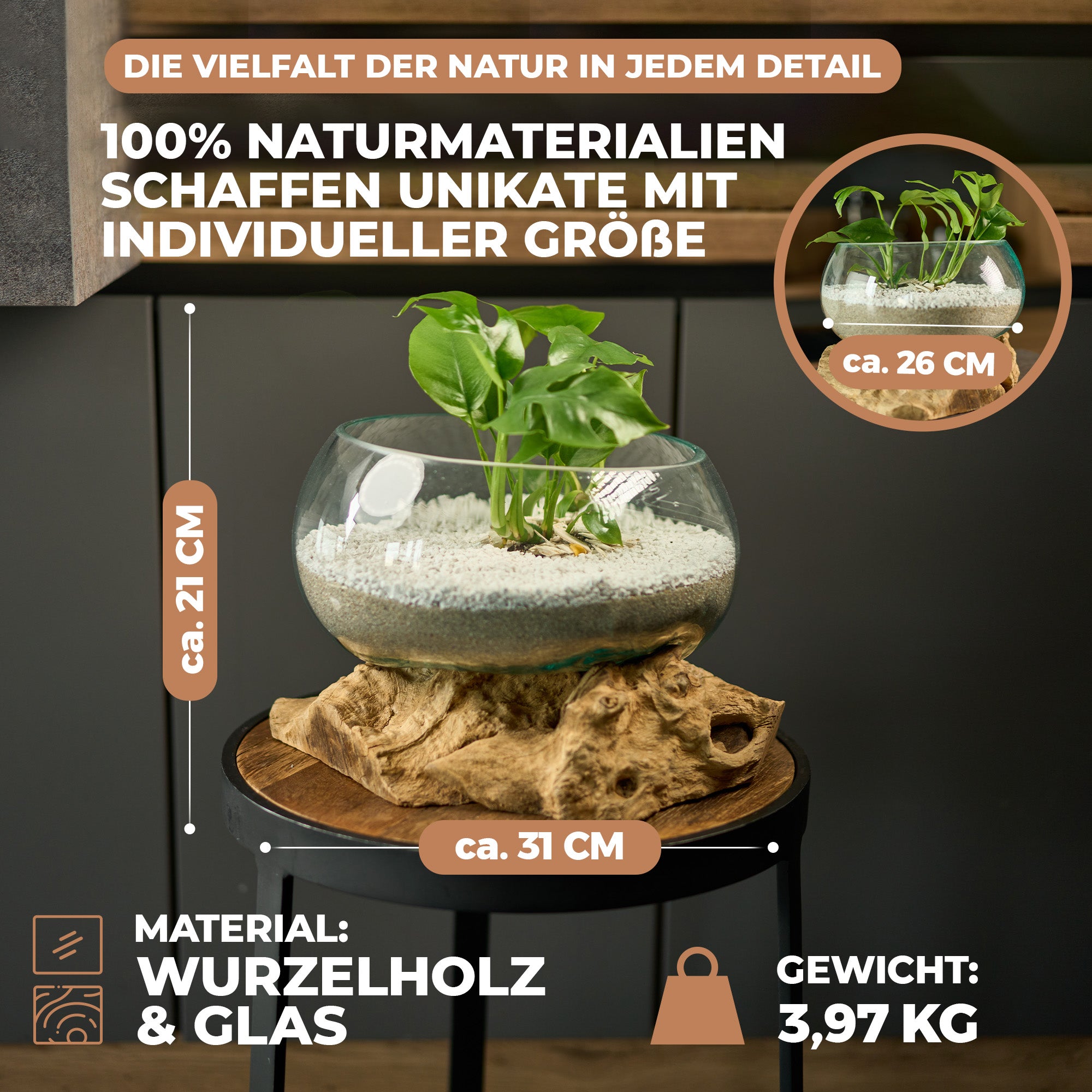 Große Glas-Dekoschale auf Wurzelholz – Handgefertigtes Unikat aus recyceltem Glas und Naturholz