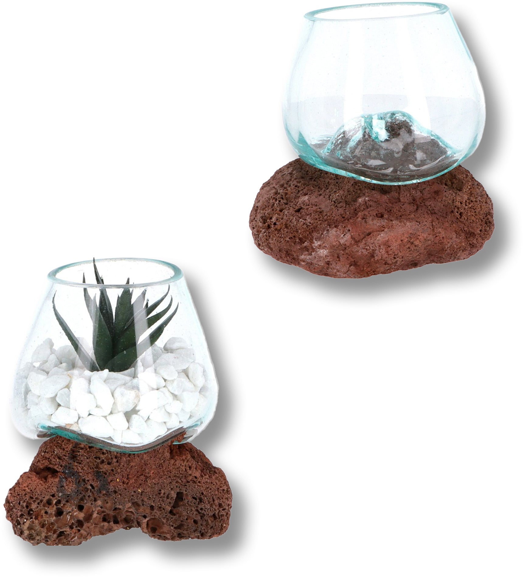 Handgefertigte Dekoschale aus mundgeblasenem Glas auf Lavastein aus Bali. Nachhaltiges Design, vielseitig einsetzbar als Schale, Kerzenhalter oder Pflanzgefäß.