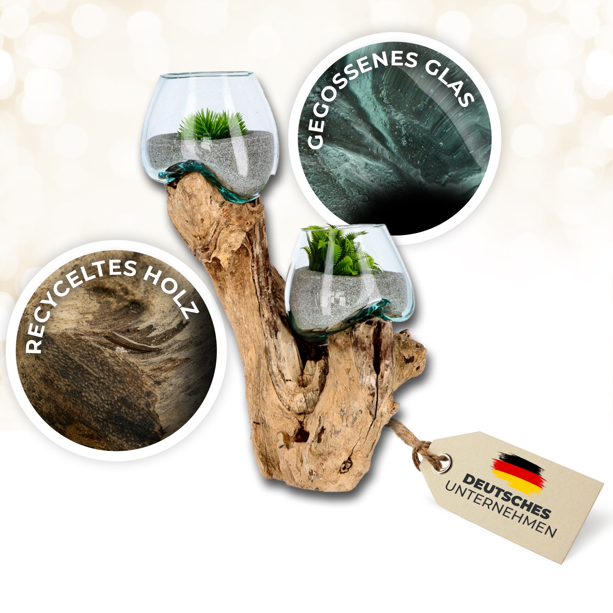 Handgefertigte Deko-Vase Glas auf Wurzelholz – Aufrechte Natur-Skulptur mit zwei Glaskugeln