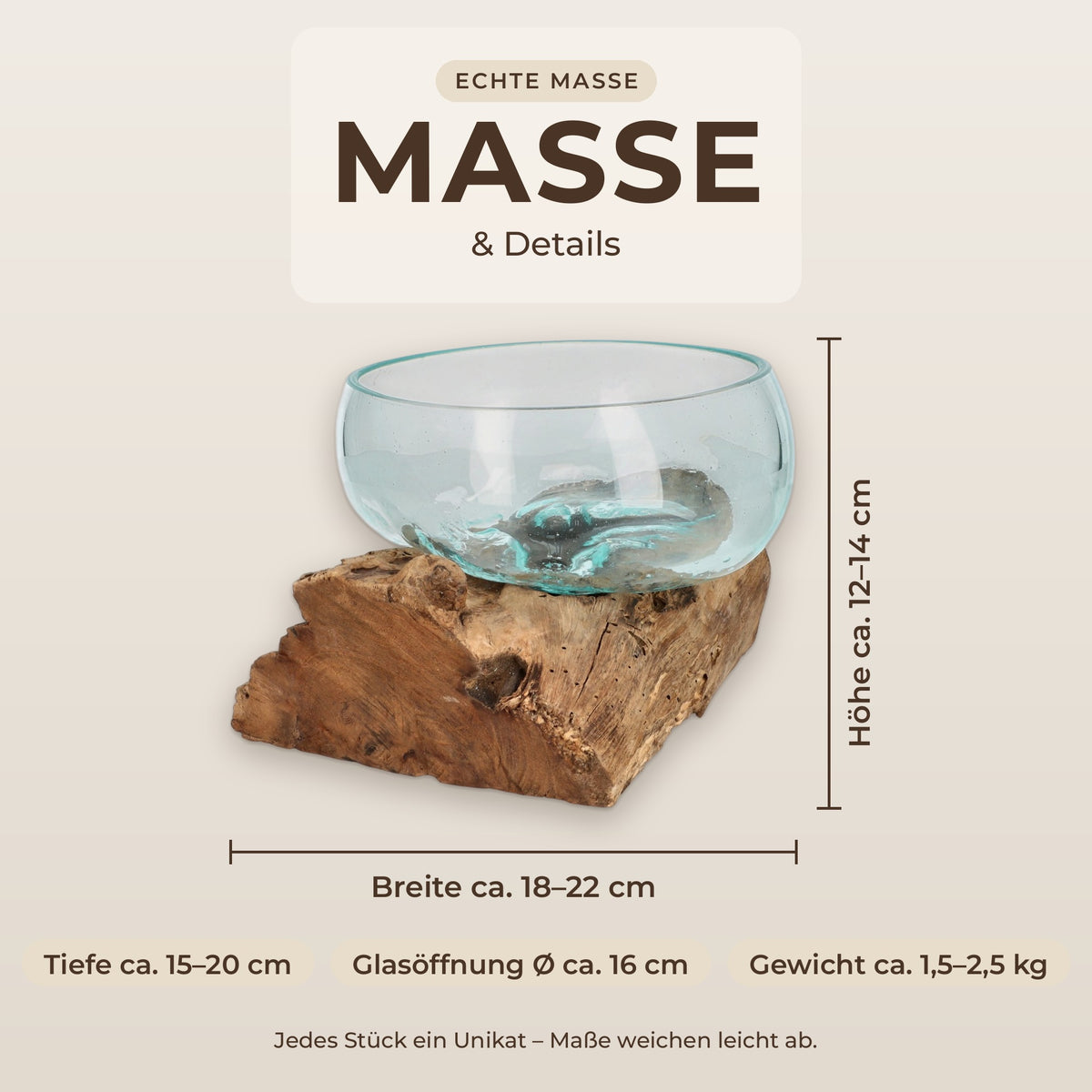 Maße der Glasschale auf Wurzelholz: Breite ca. 18–22 cm, Höhe ca. 12–14 cm, Glasöffnung ca. 16 cm