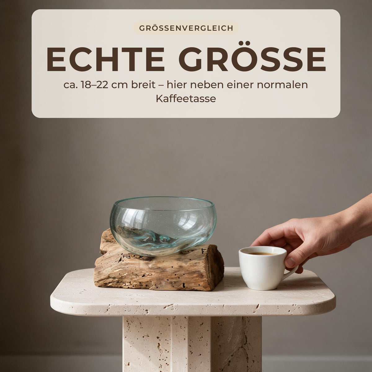 Glasschale auf Wurzelholz neben einer Kaffeetasse als Größenvergleich auf einem Beistelltisch