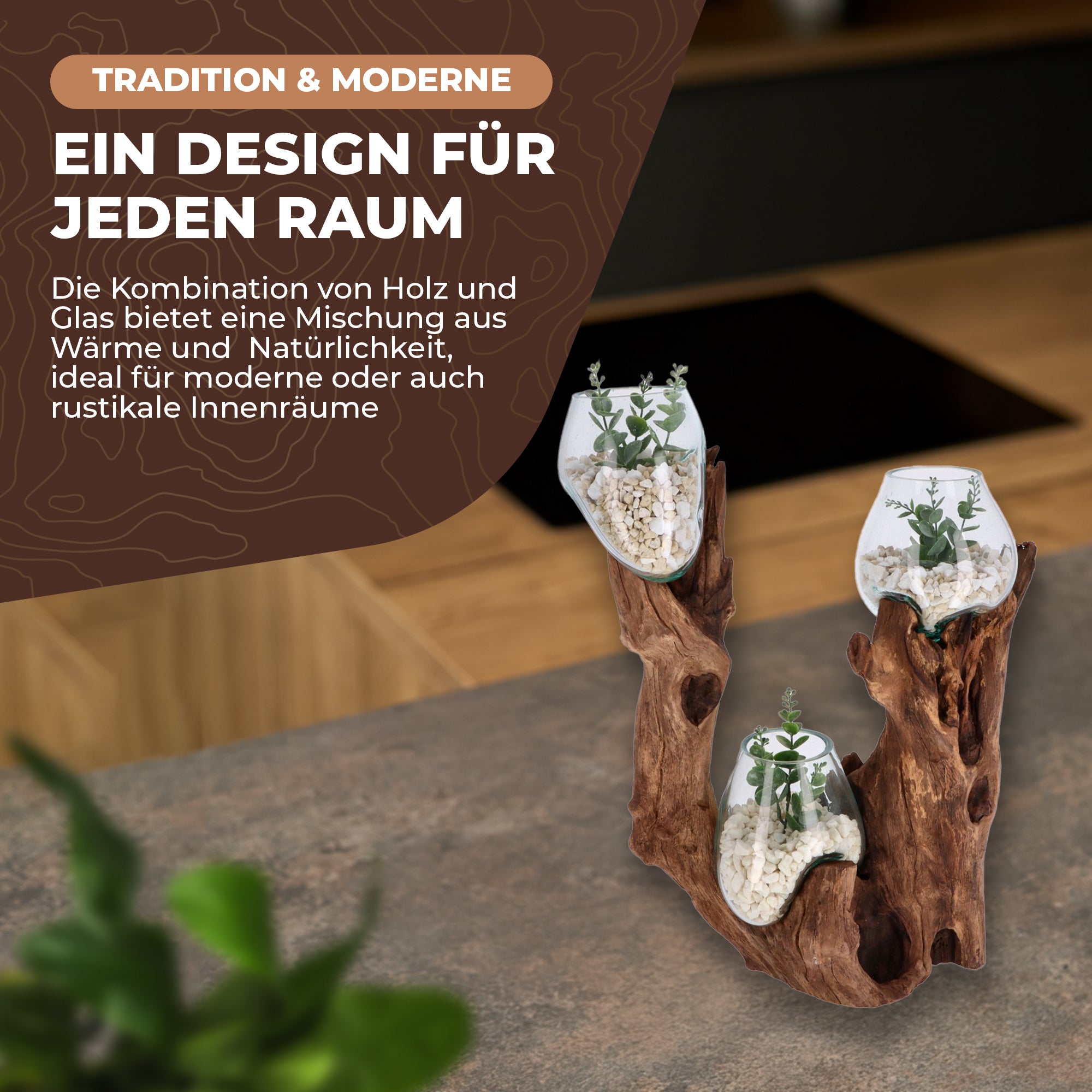 Große Glas-Dekoschale auf Wurzelholz – Handgefertigtes Unikat mit 3 Glaskugeln – Naturdeko aus recyceltem Glas und Holz
