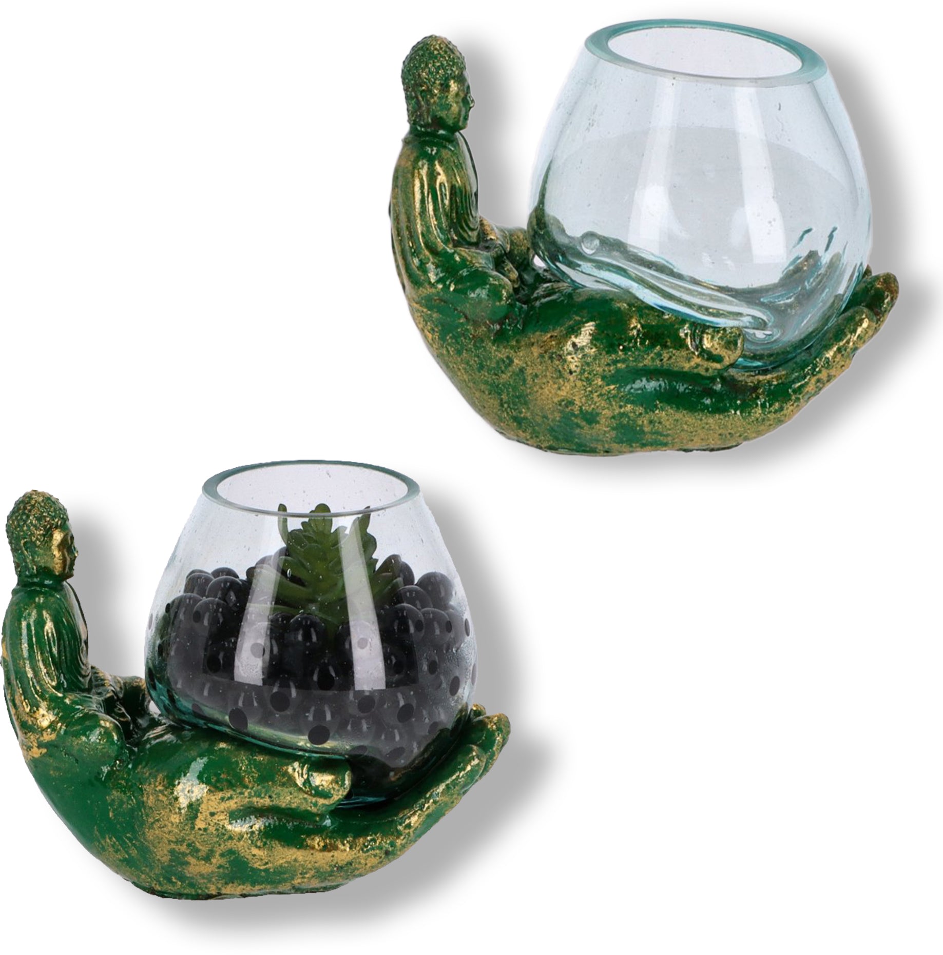 Handgefertigte Buddha-Hand mit mundgeblasenem Glas – Teelichthalter & Deko-Schale