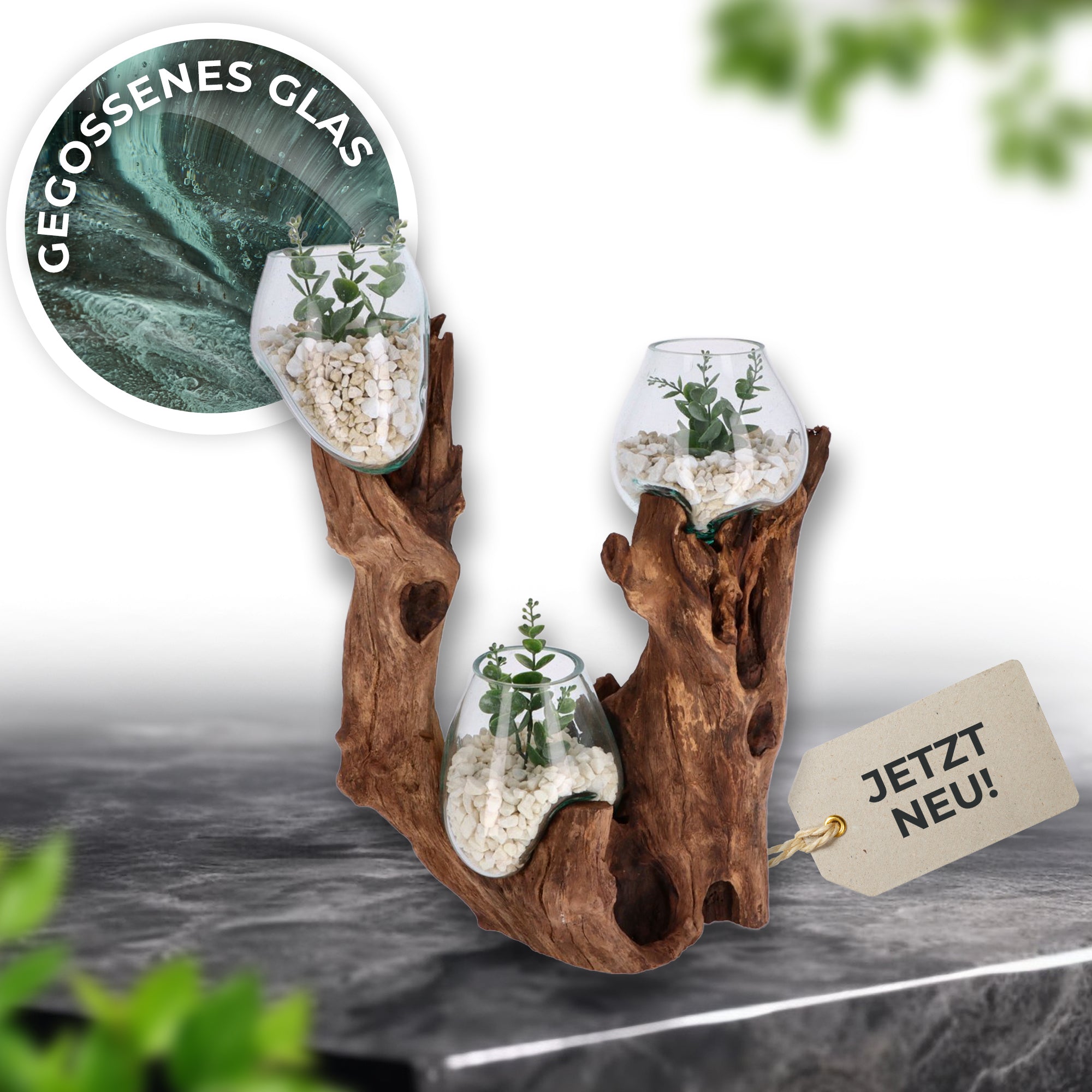 Große Glas-Dekoschale auf Wurzelholz – Handgefertigtes Unikat mit 3 Glaskugeln – Naturdeko aus recyceltem Glas und Holz