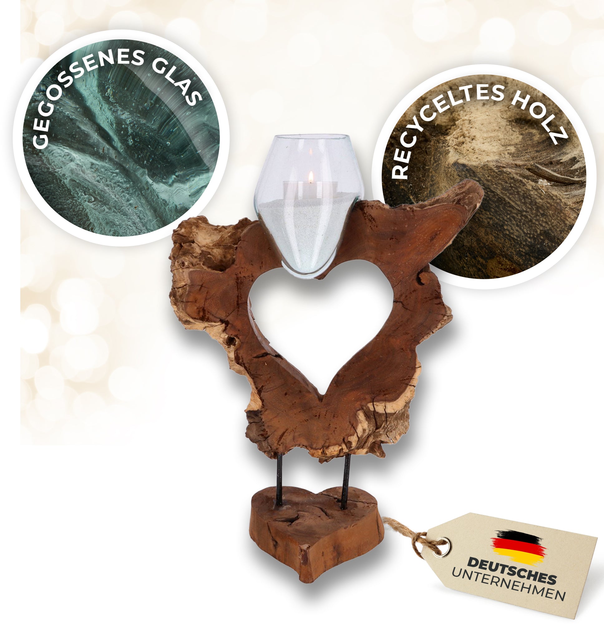 Herzskulptur aus Wurzelholz mit mundgeblasenem Glas – Handgefertigte Naturdeko, Teelichthalter, nachhaltige Boho-Dekoration